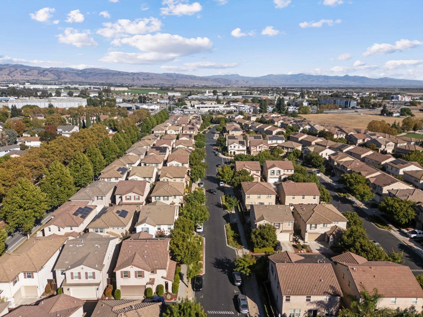 Aerial view of a residential neighborhood with tree-lined streets and distant hills.