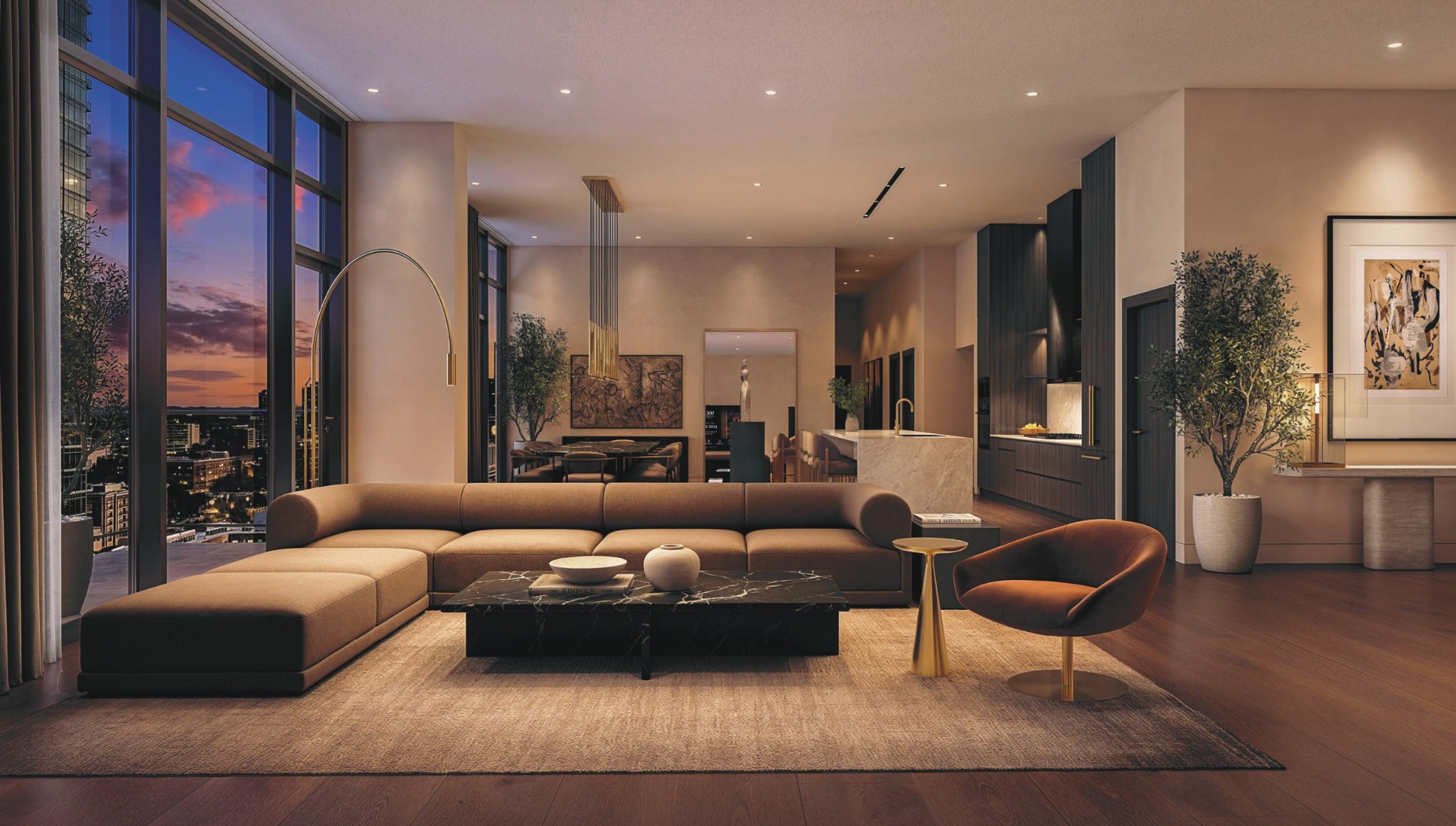 Luxury apartment living room with floor-to-ceiling windows overlooking the city at dusk.