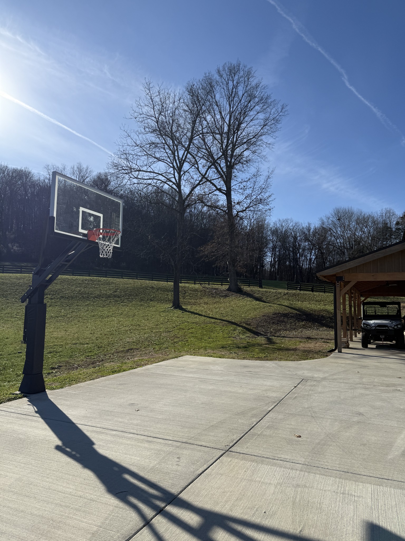 Sloping backyard with a basketball hoop, wide concrete driveway, and wooden carport.