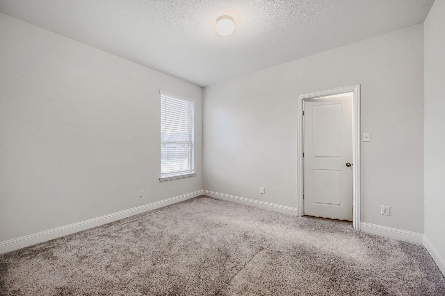 Empty carpeted room with a window and closed door.