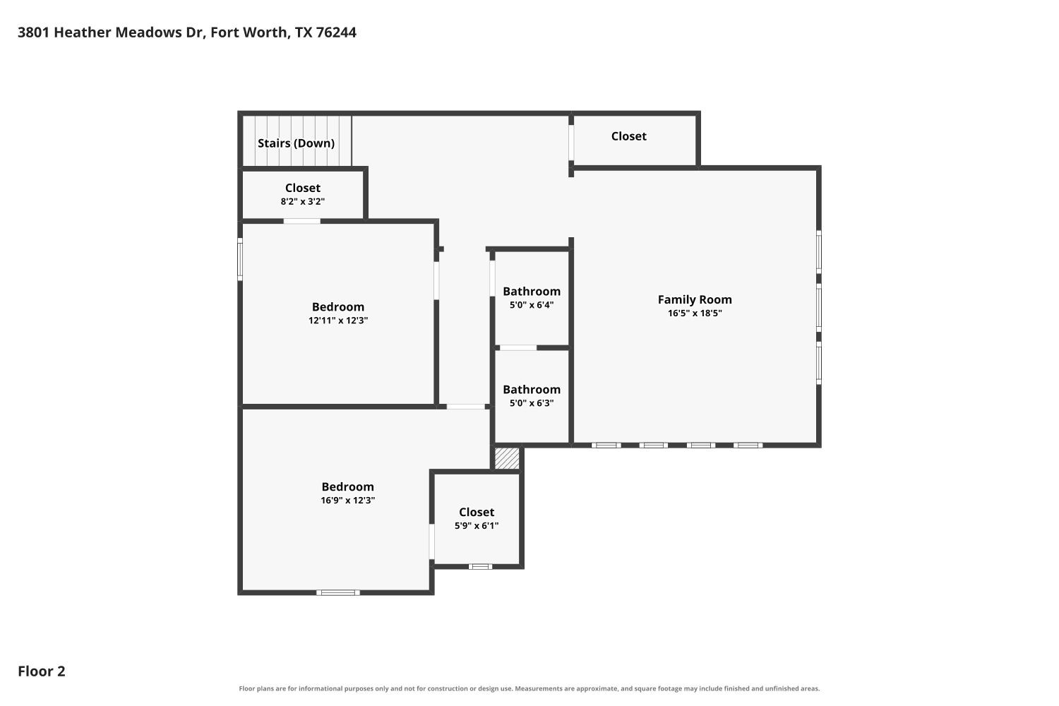 Second-floor plan with two bedrooms, two bathrooms, closets, stairs, and a family room.