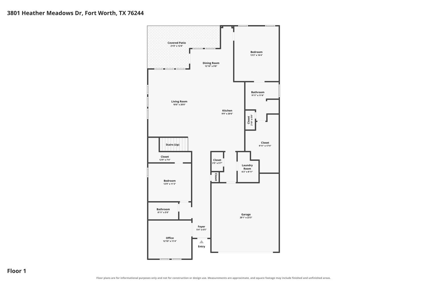 Floor plan for 3801 Heather Meadows Drive, showing the home’s rooms, covered patio, and garage.