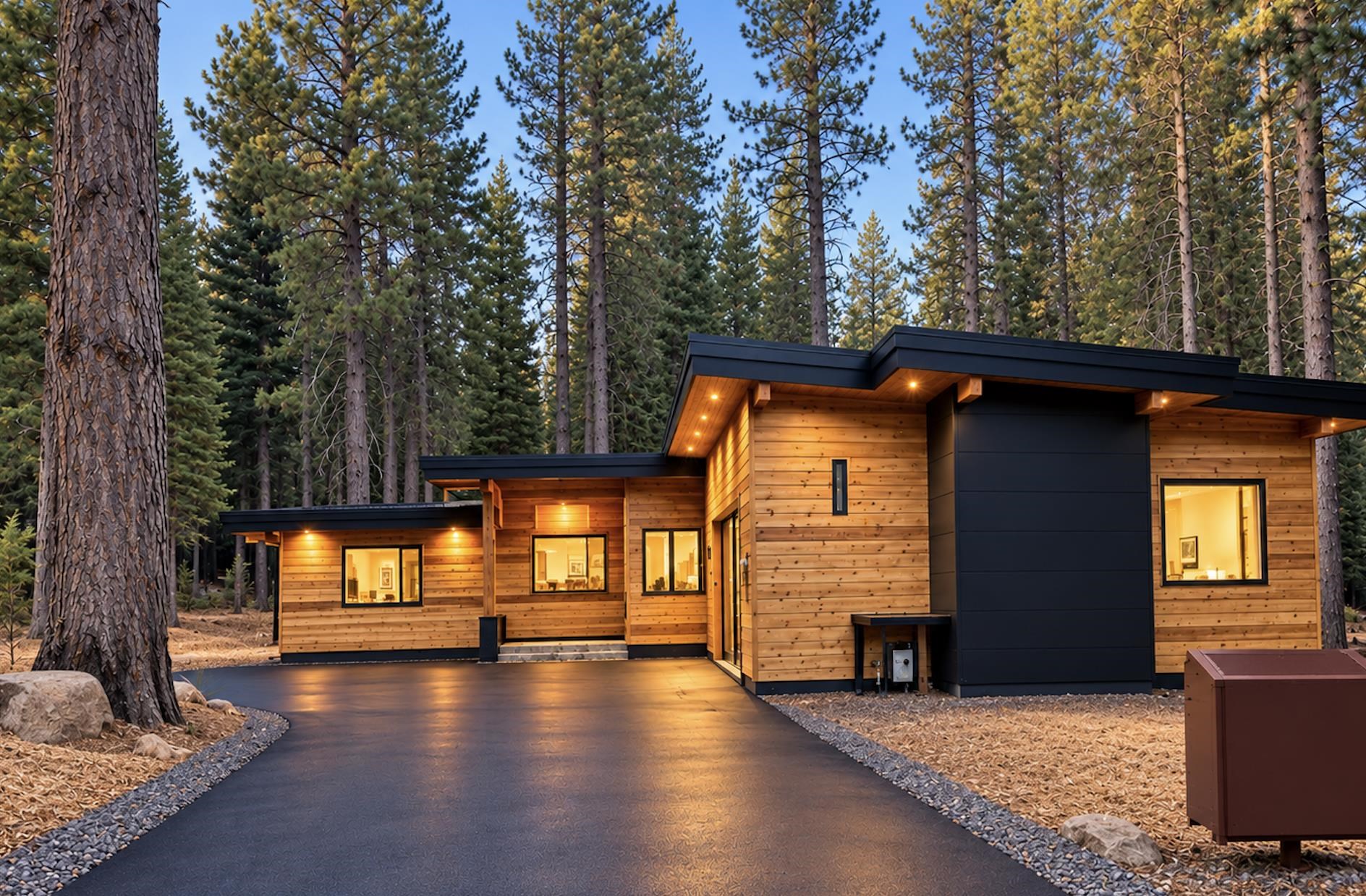 Modern wood-sided home with dark trim and warm lights among tall pines.
