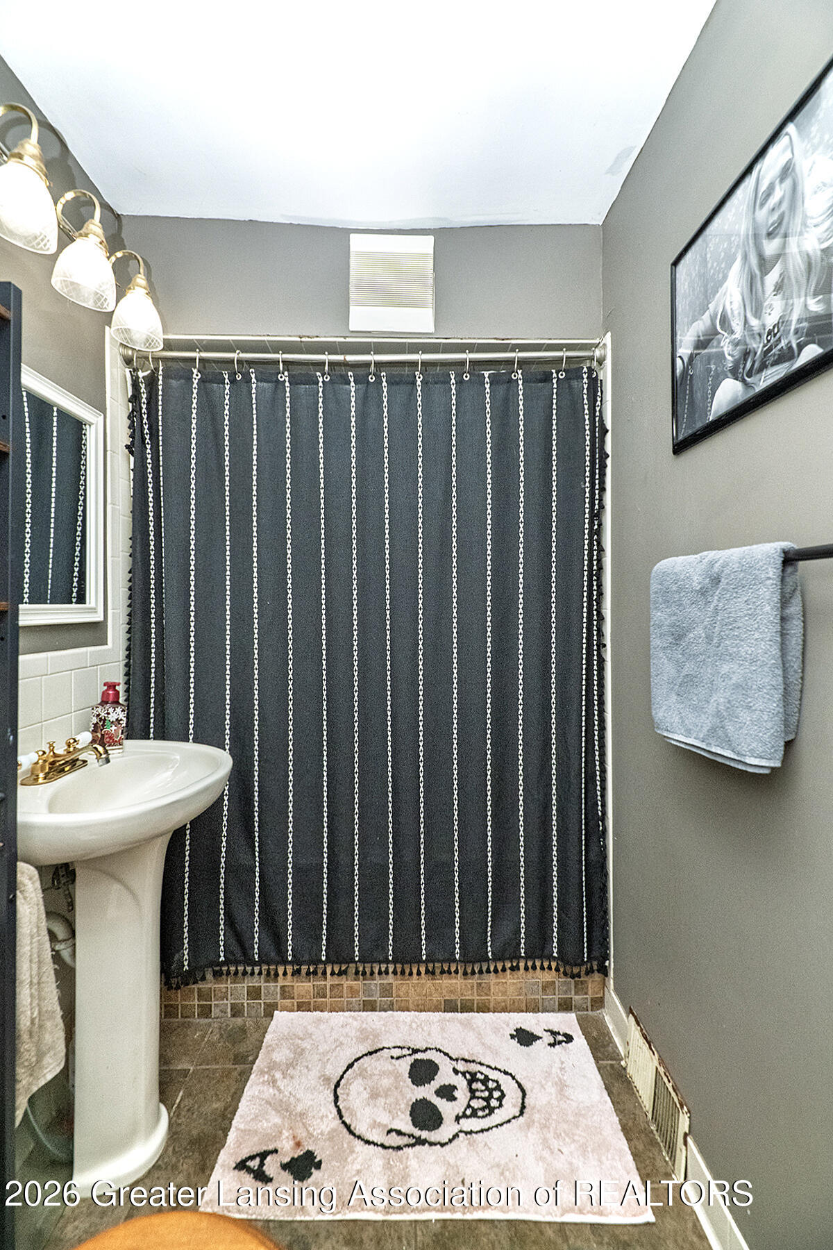 Bathroom with a pedestal sink, striped dark shower curtain, and skull-print bath mat.