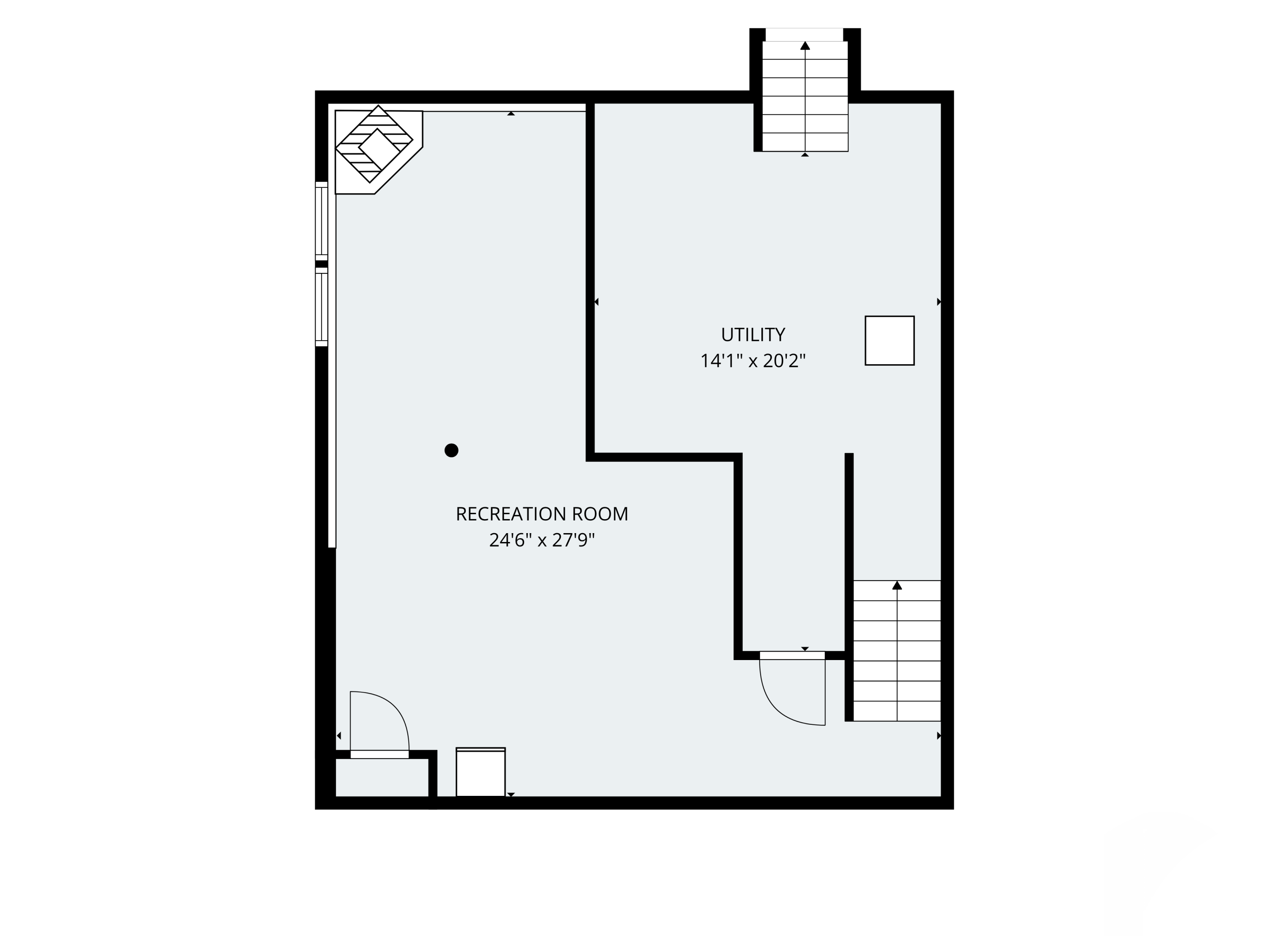 Floor plan with a large recreation room, utility room, and stairs.