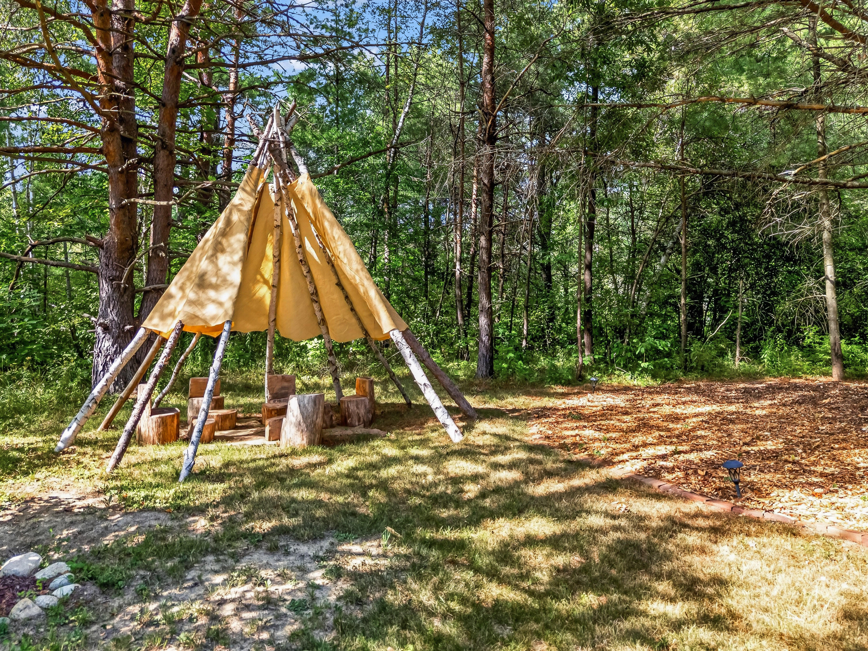 Canvas teepee and stump seats in a sunny wooded backyard.