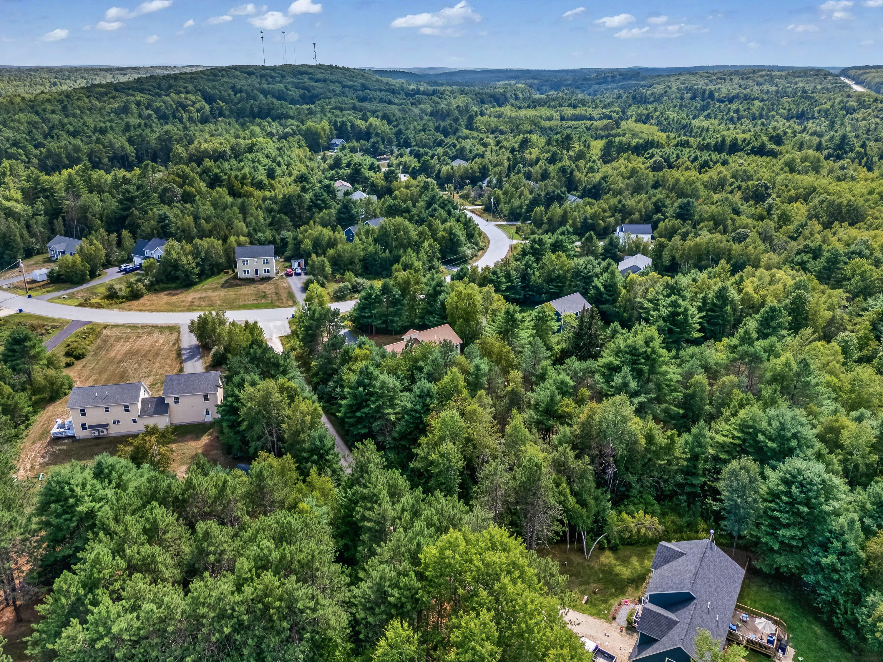 Aerial view of homes among dense woods, with a winding neighborhood road and forested hills beyond.