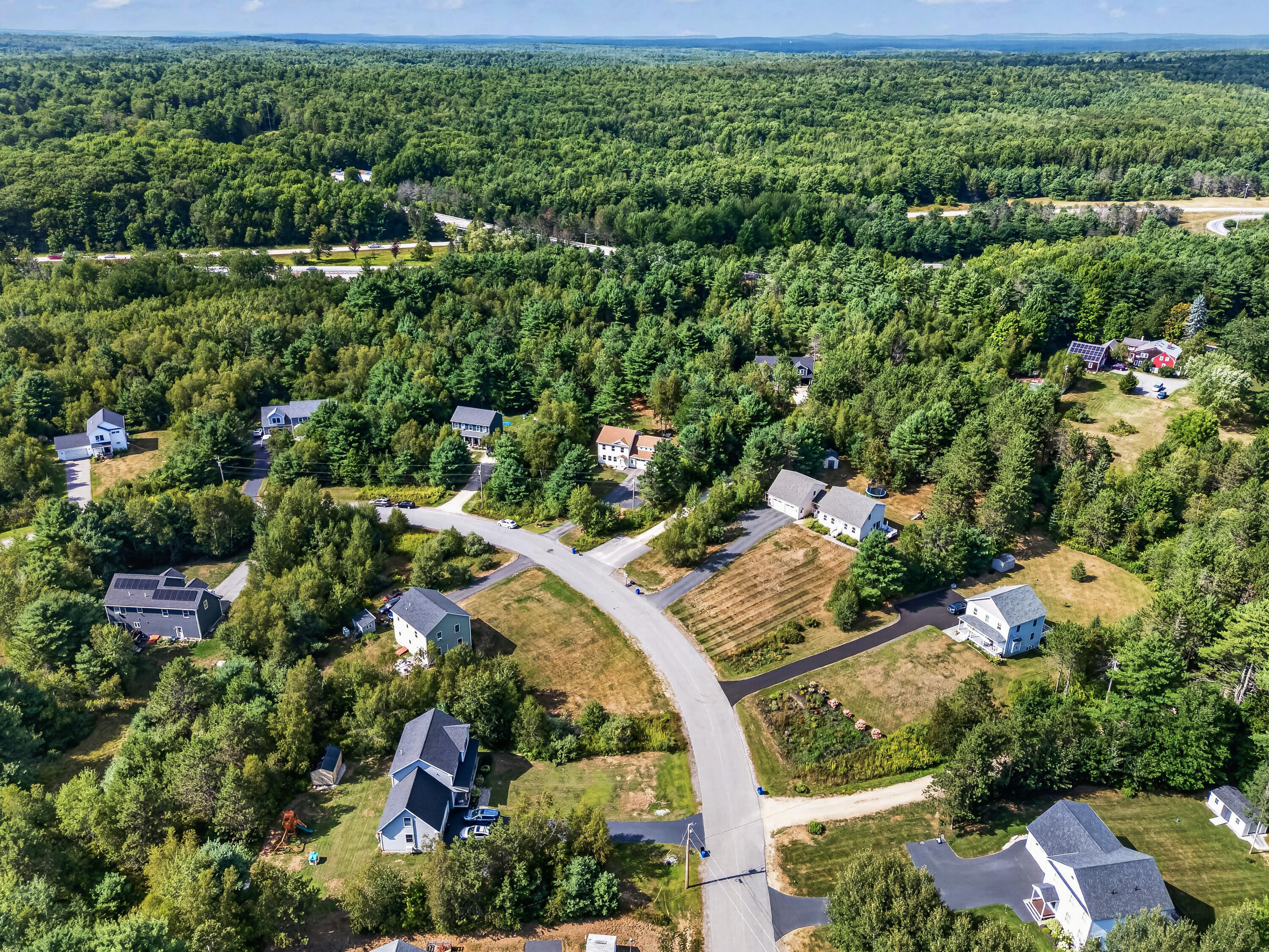 Aerial view of homes along a winding road surrounded by dense forest.