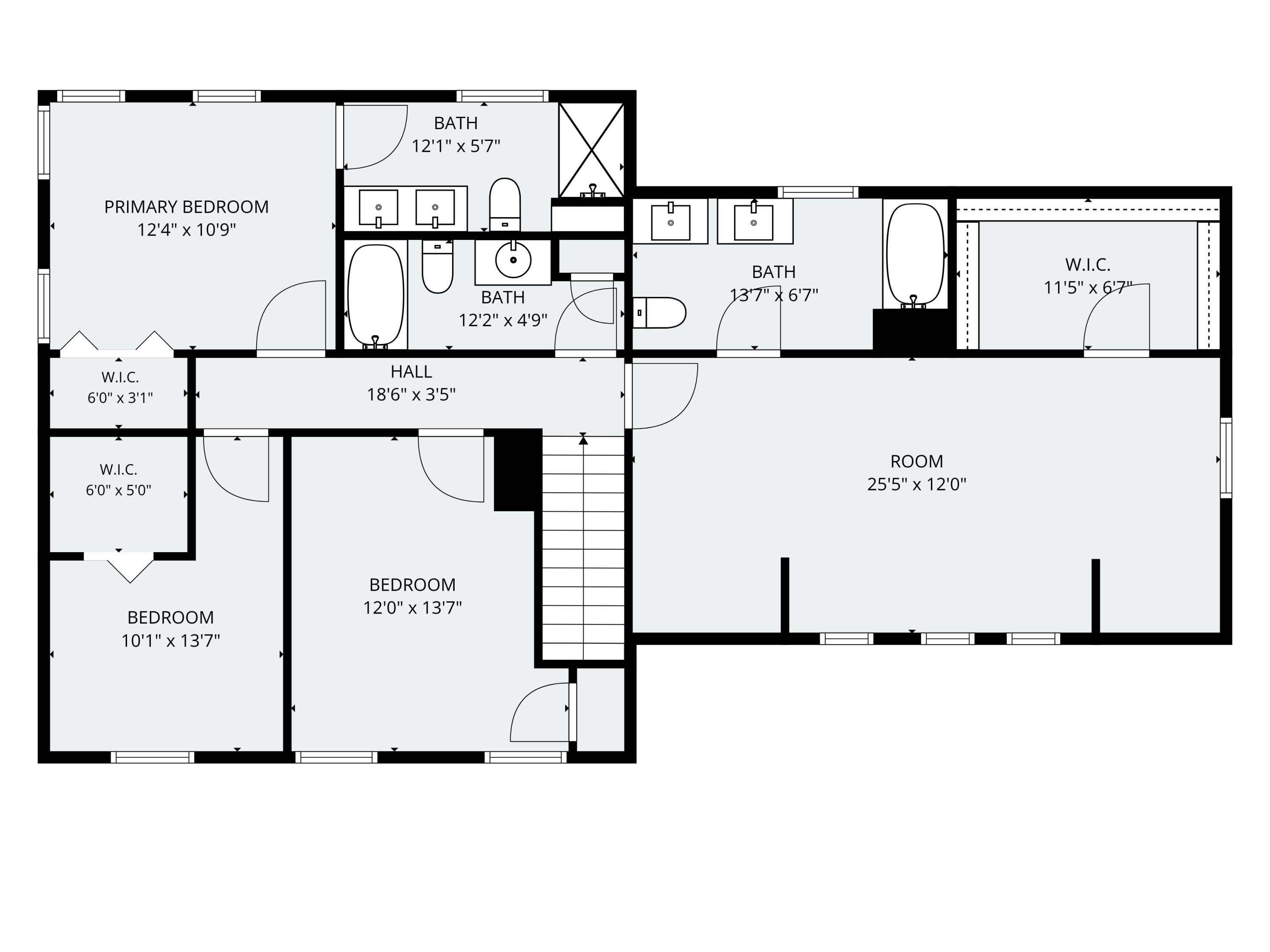Floor plan with three bedrooms, three bathrooms, walk-in closets, and a large room.