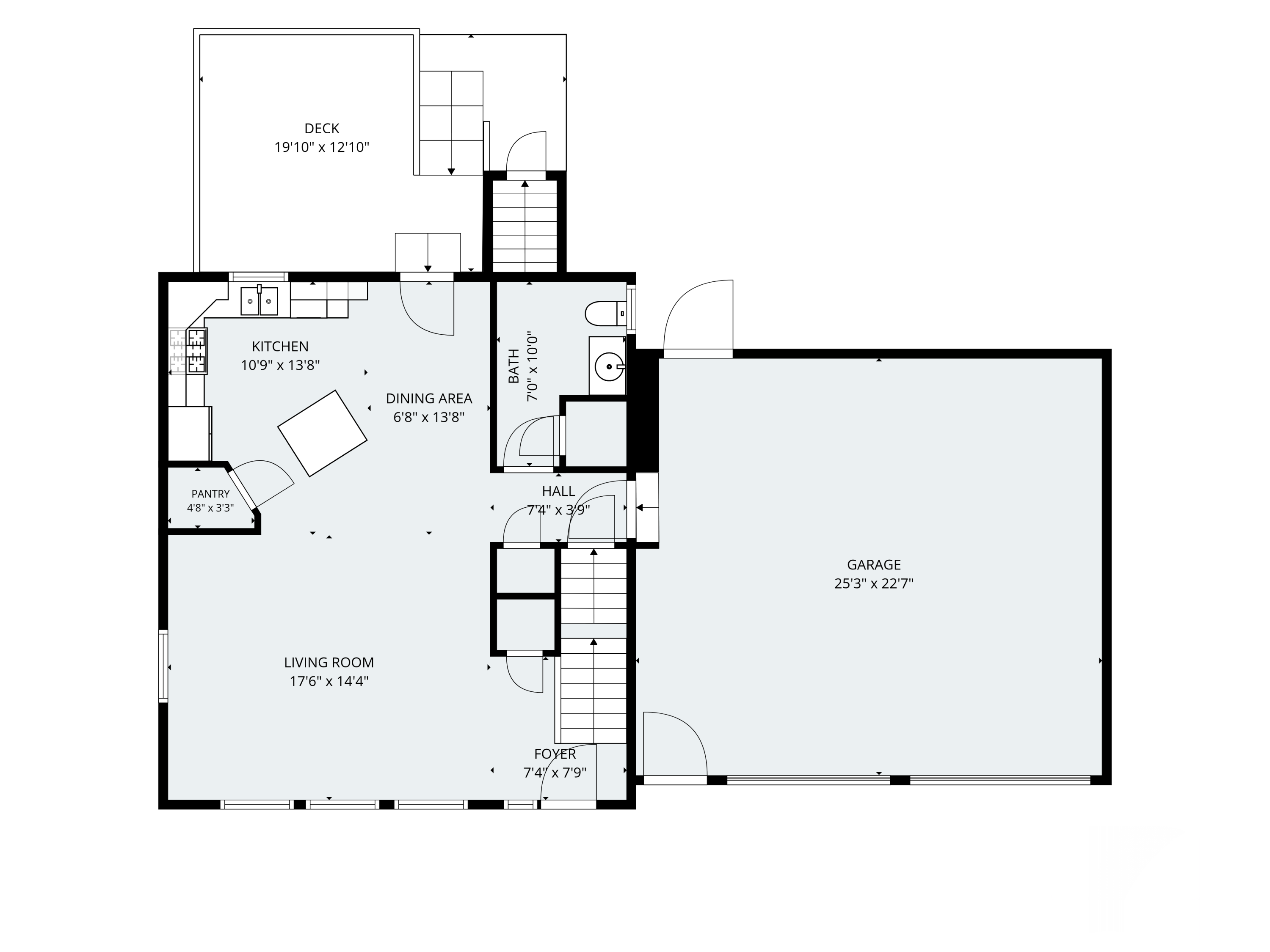 First-floor plan showing the kitchen, dining area, living room, bathroom, deck, foyer, and attached garage.
