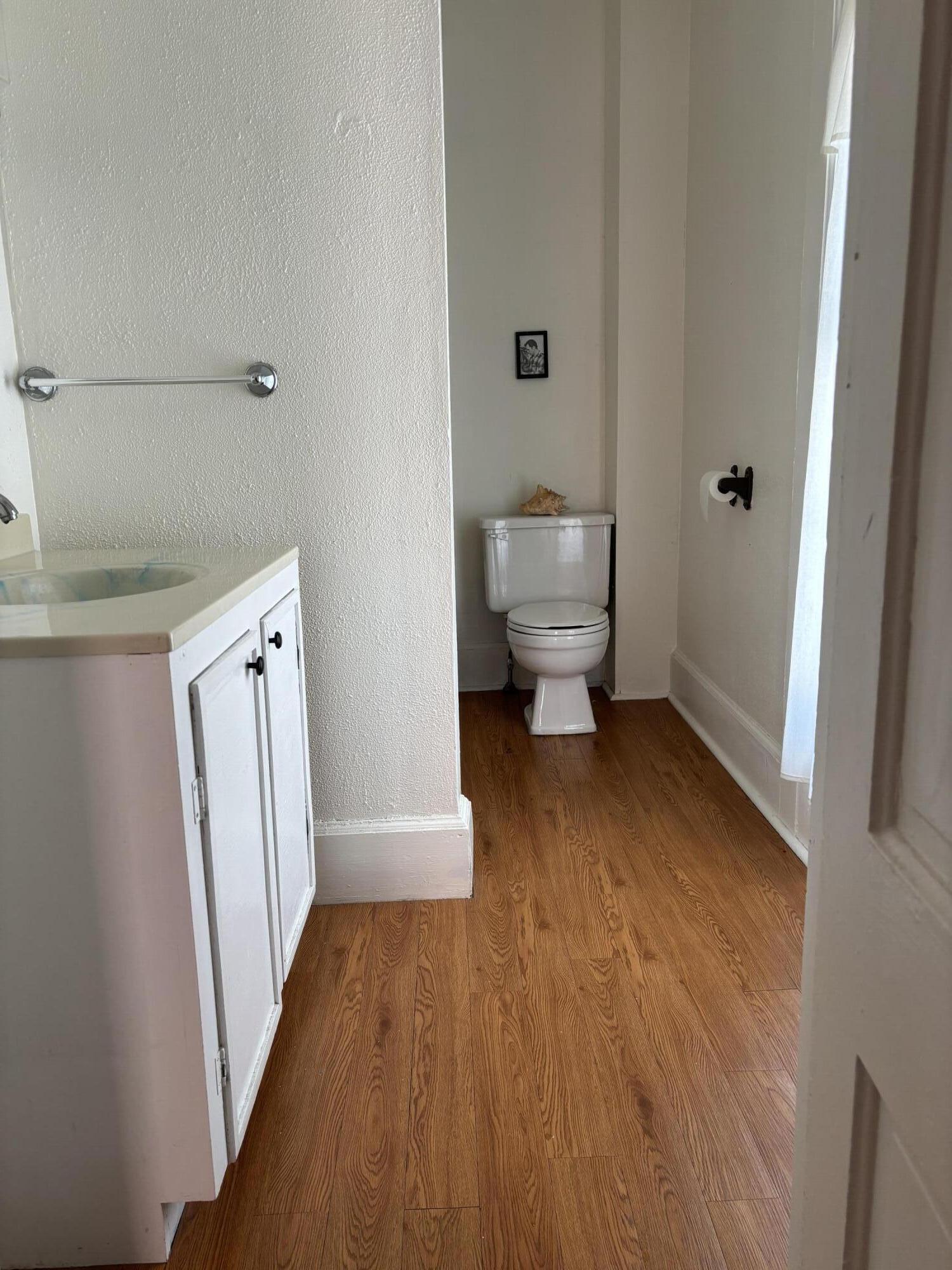 Bathroom with white vanity, toilet, and warm wood-look flooring.