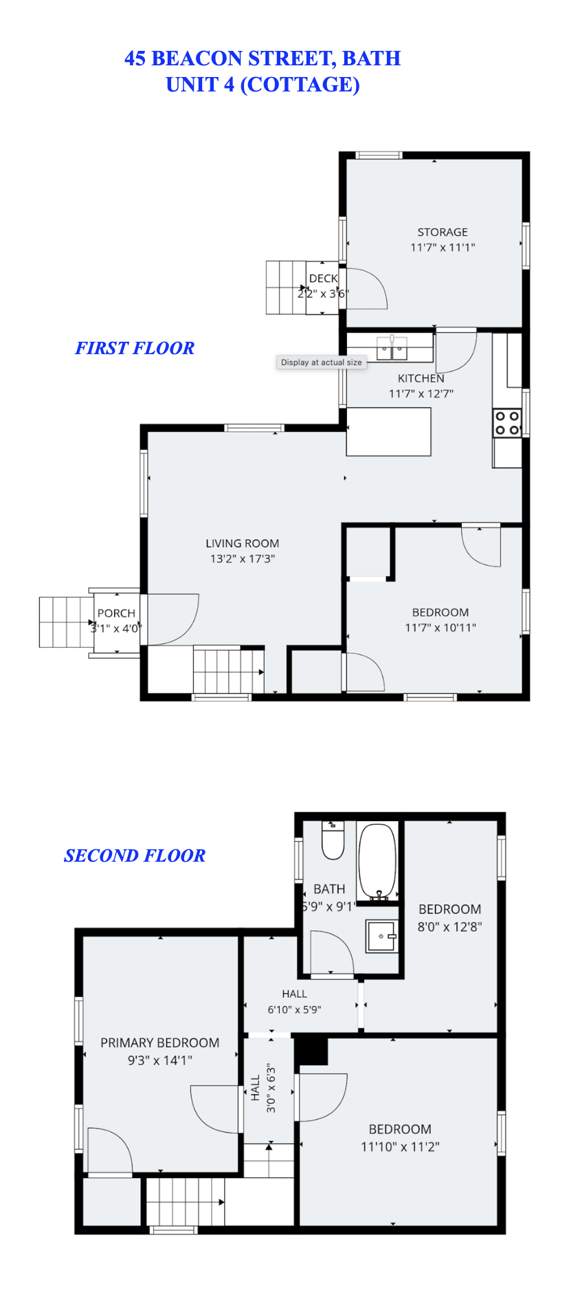 Two-floor cottage plan with a living room, kitchen, four bedrooms, bathroom, storage room, porch and deck.