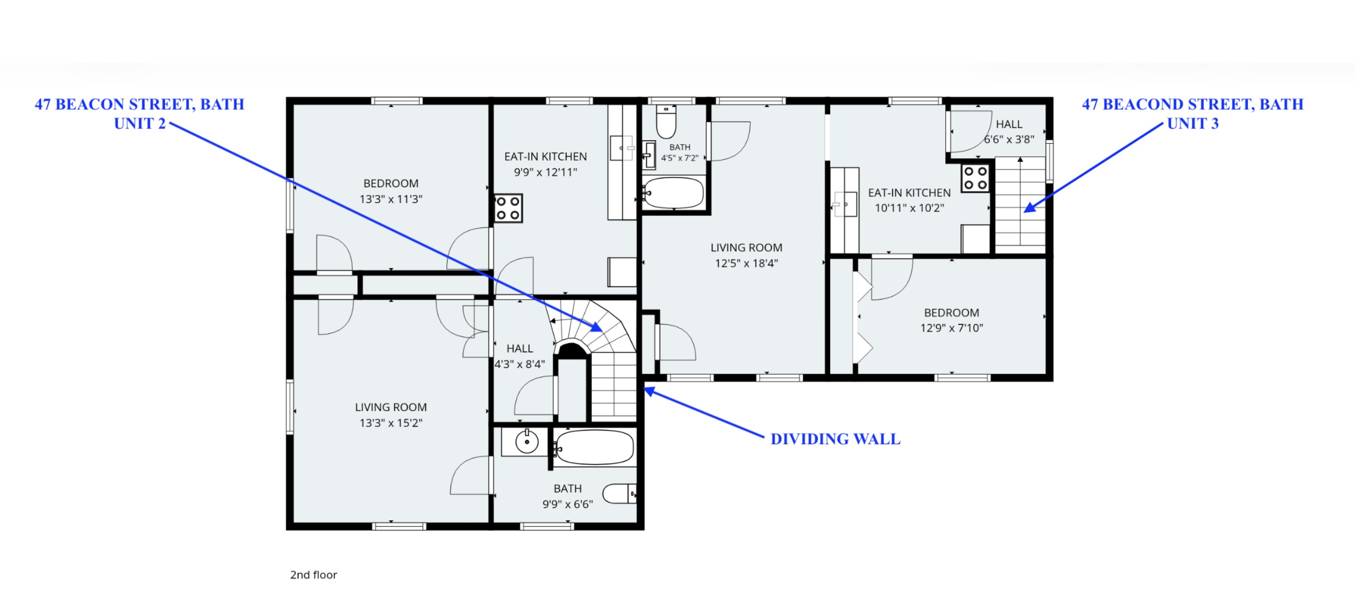 Second-floor floor plan showing two apartments, with room labels and a marked dividing wall.