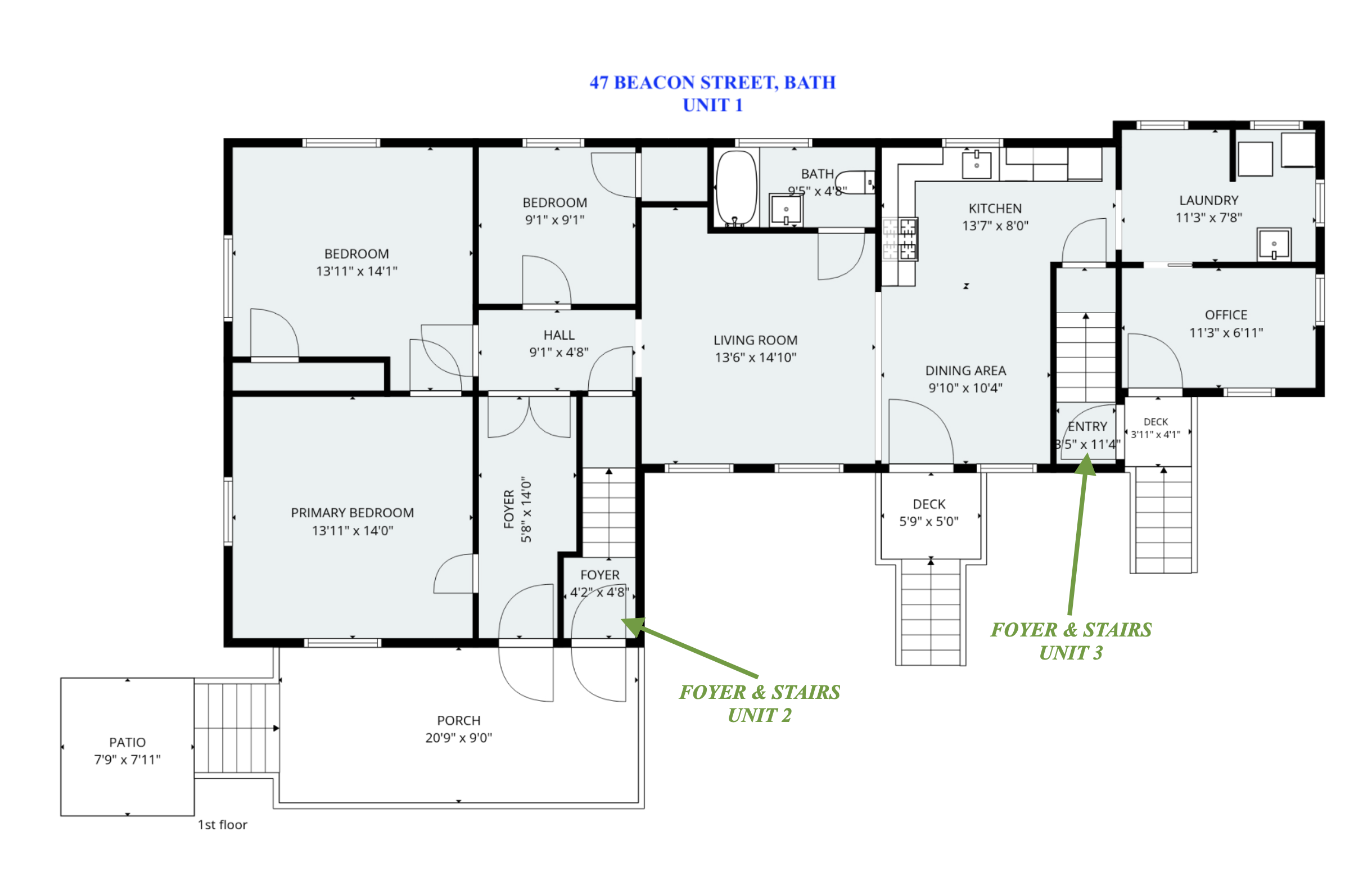 First-floor plan for 47 Beacon Street, Unit 1, with three bedrooms, a porch, patio, and decks.
