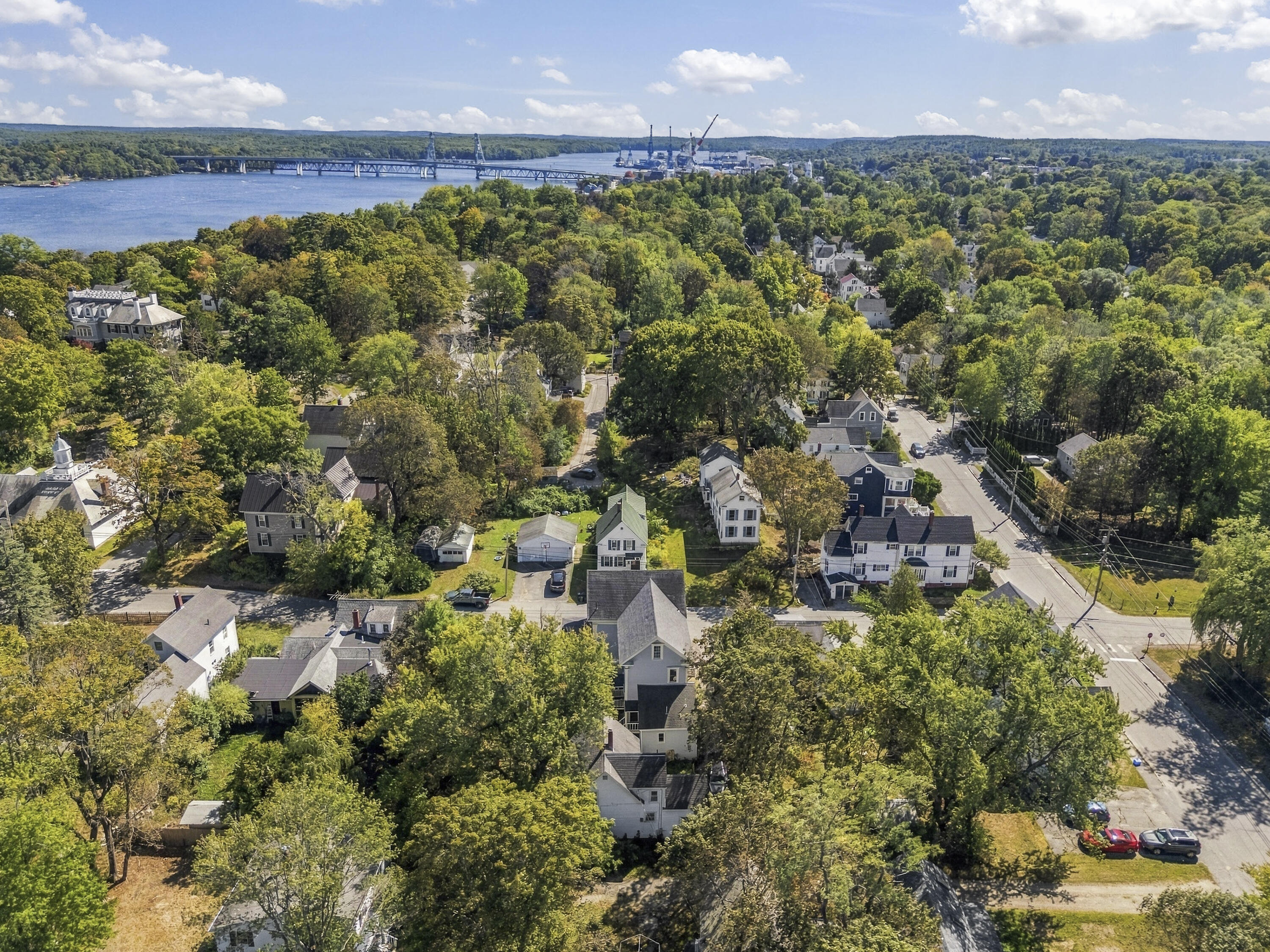 Aerial view of a tree-filled Bath neighborhood, with homes, a road, and a river bridge in the distance.