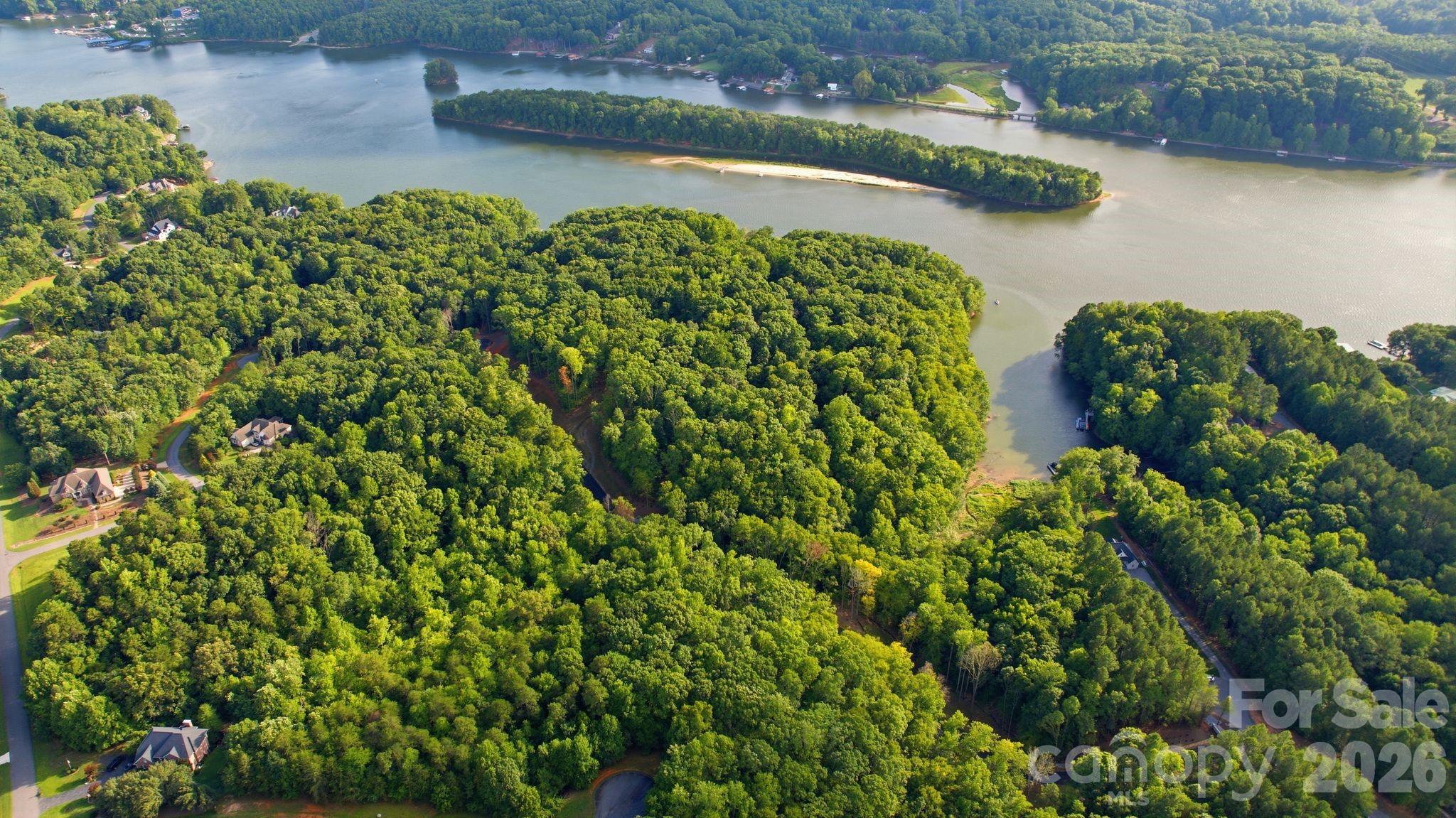 Aerial view of a lake winding through wooded peninsulas, with scattered homes along the shore.
