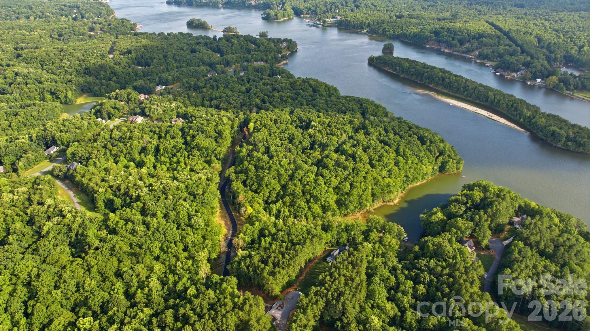 Aerial view of a wooded lakeside neighborhood with coves and a sandy shoreline.