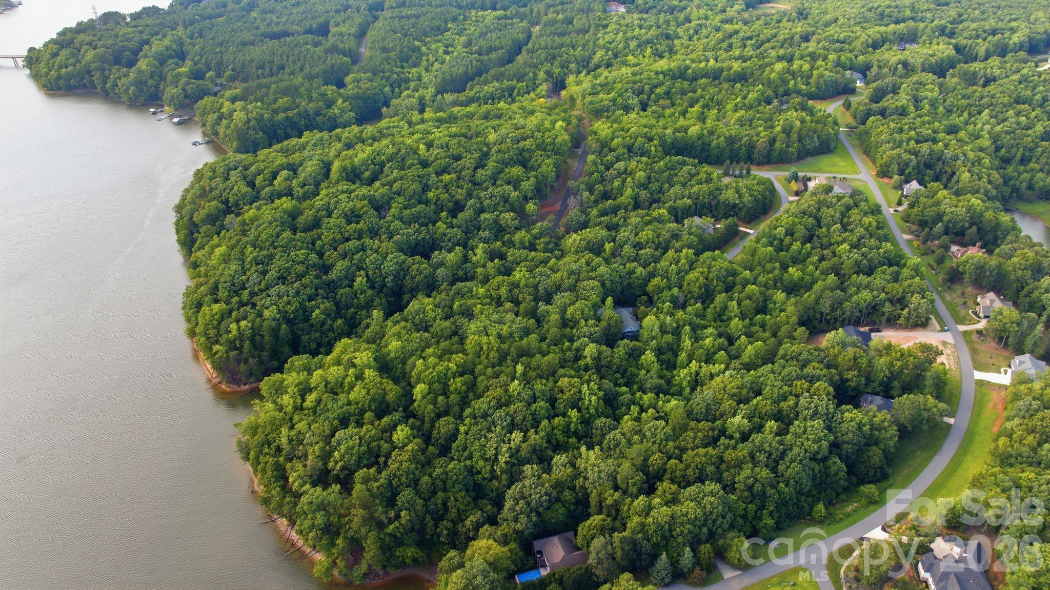 Aerial view of a wooded lakeside peninsula with scattered homes and winding roads.