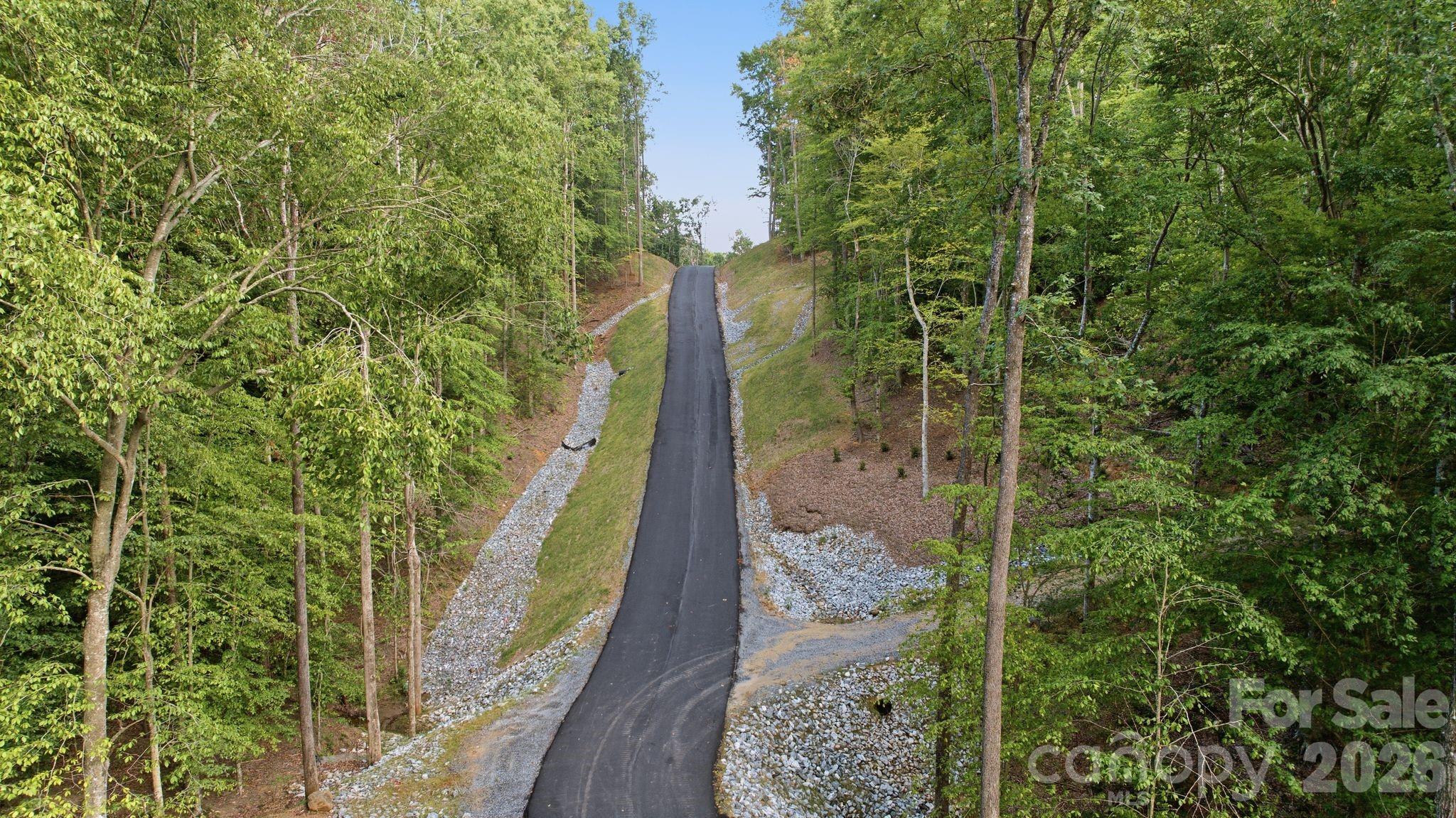 Paved driveway rises through dense woods, bordered by gravel drainage beds.