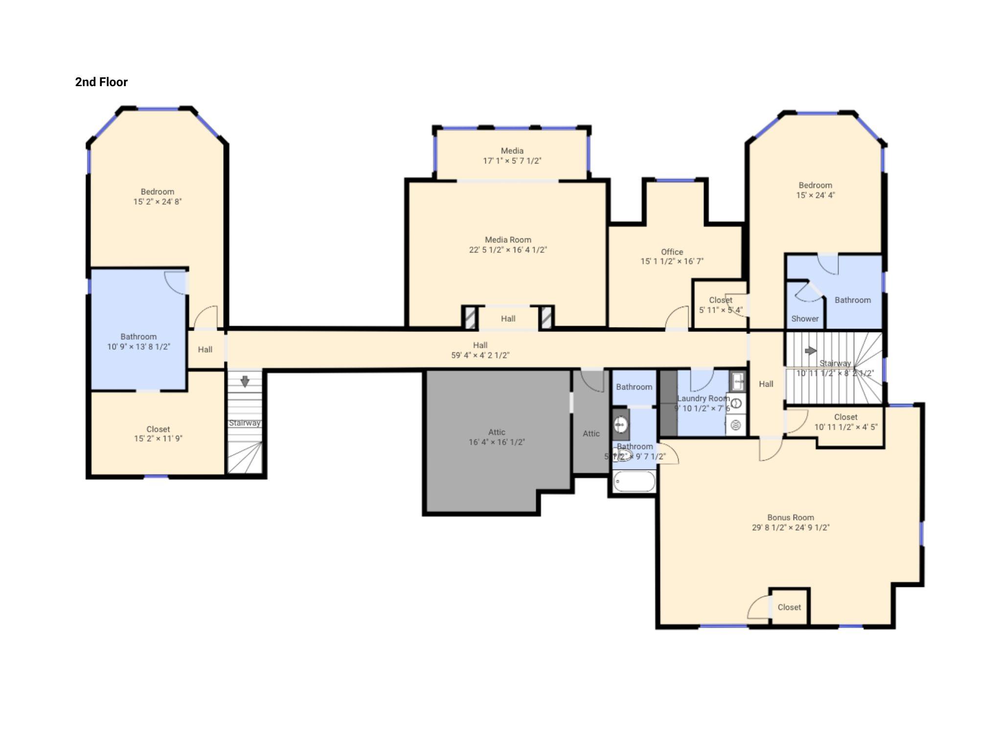 Second-floor floor plan with two bedrooms, a media room, office, and large bonus room.