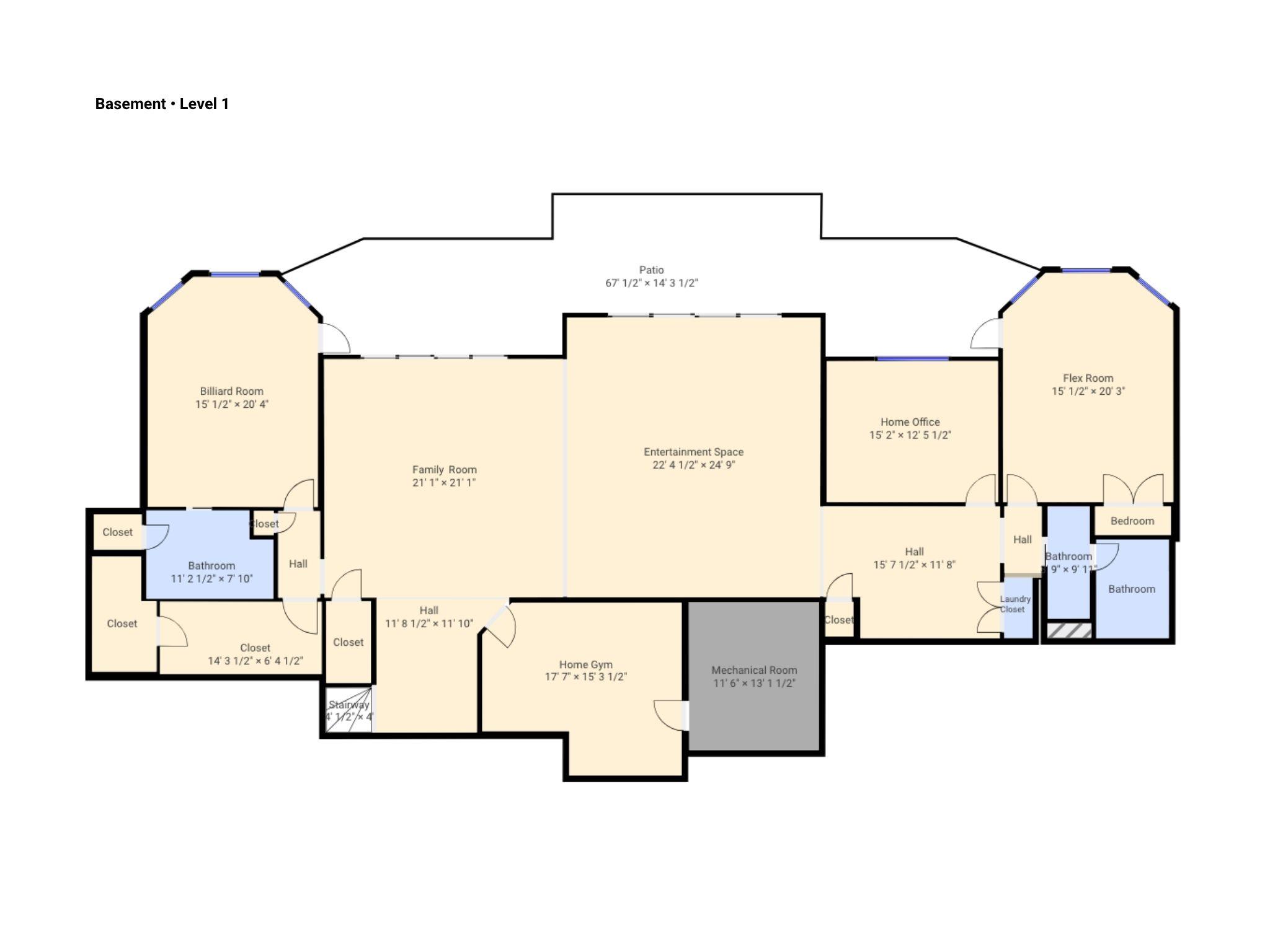 Basement floor plan with billiard room, family room, entertainment space, home office, flex room, and gym.