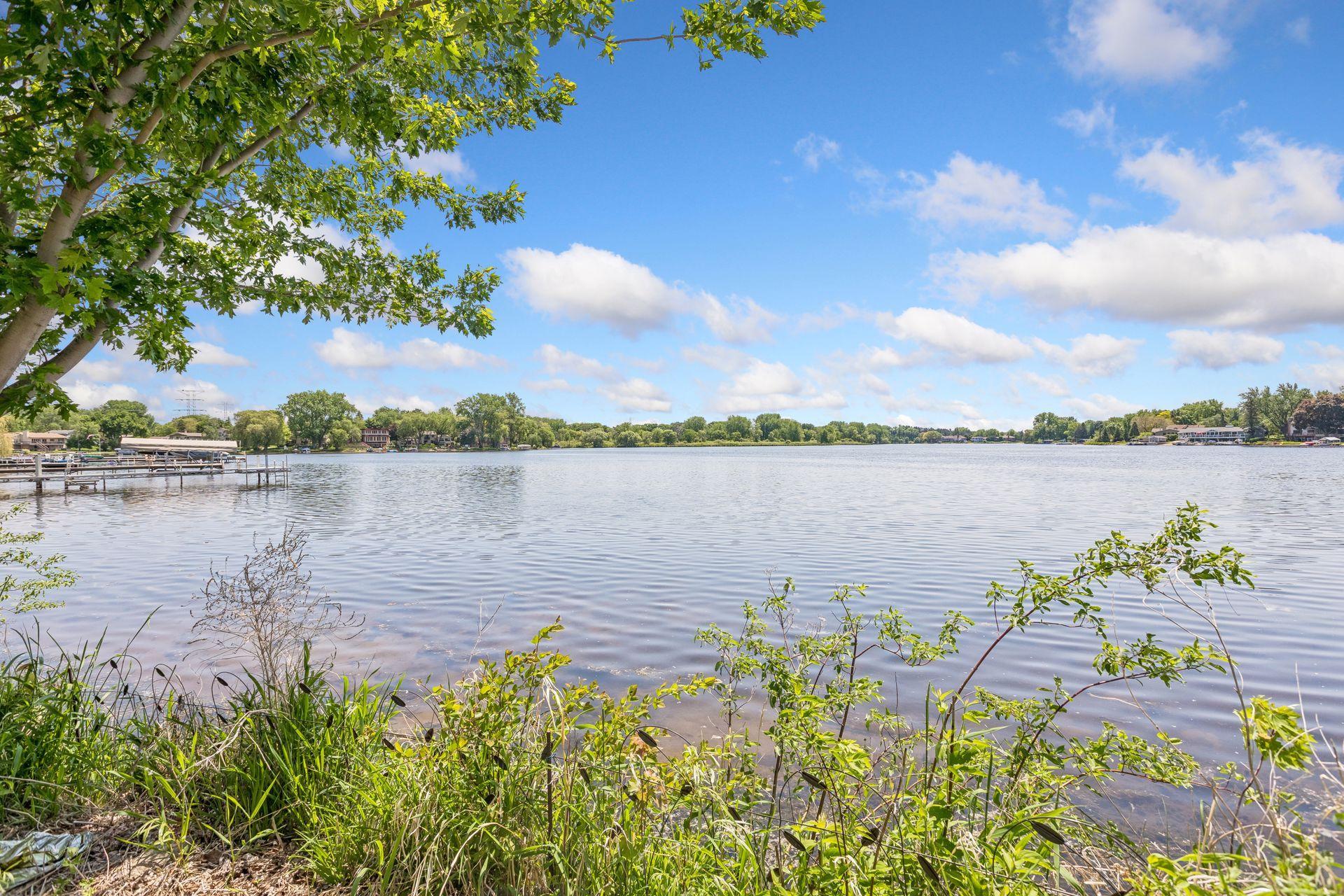 Lake view from a leafy shoreline, with docks and homes across the water.