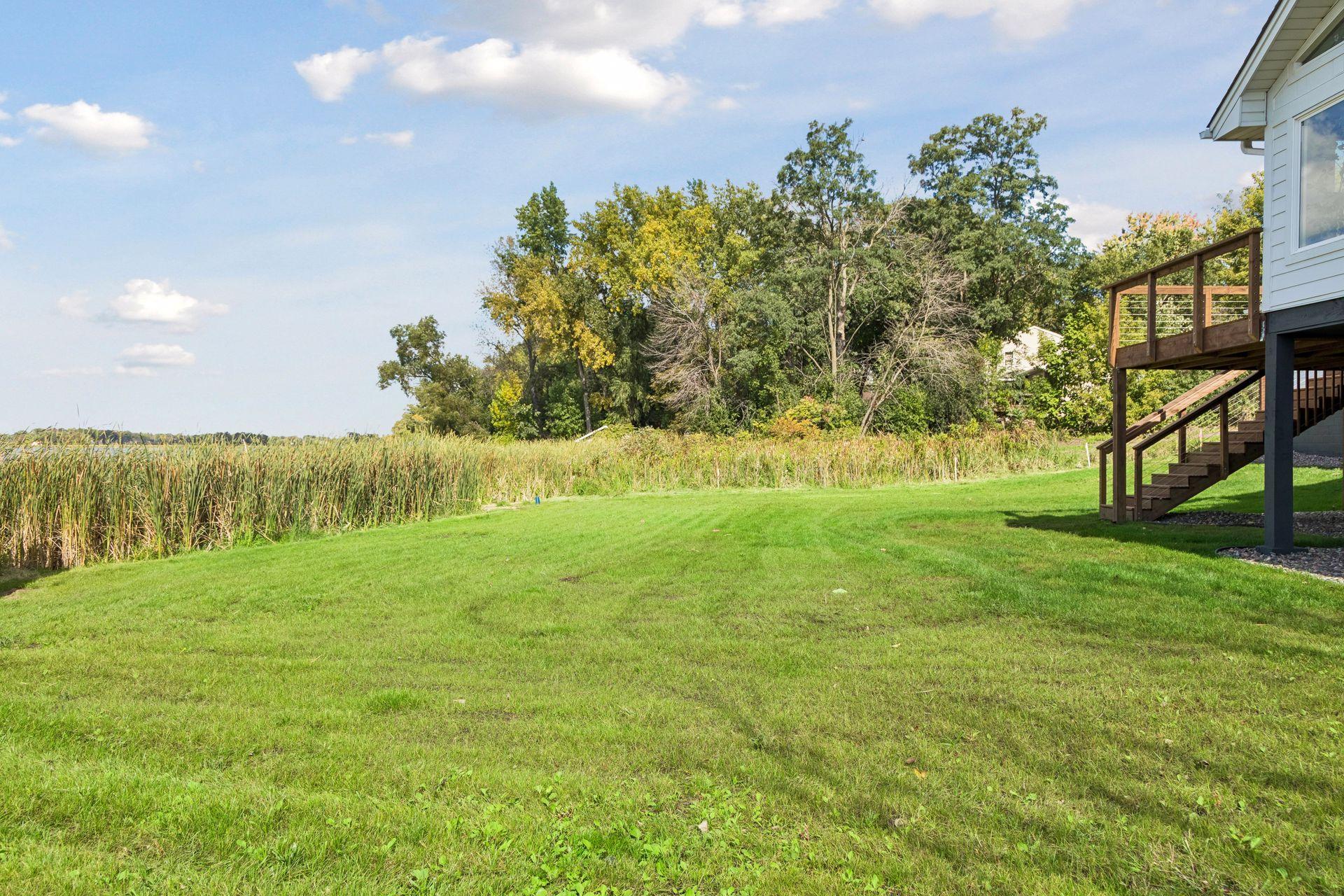Backyard lawn bordered by reeds and trees, with a raised wooden deck beside the house.