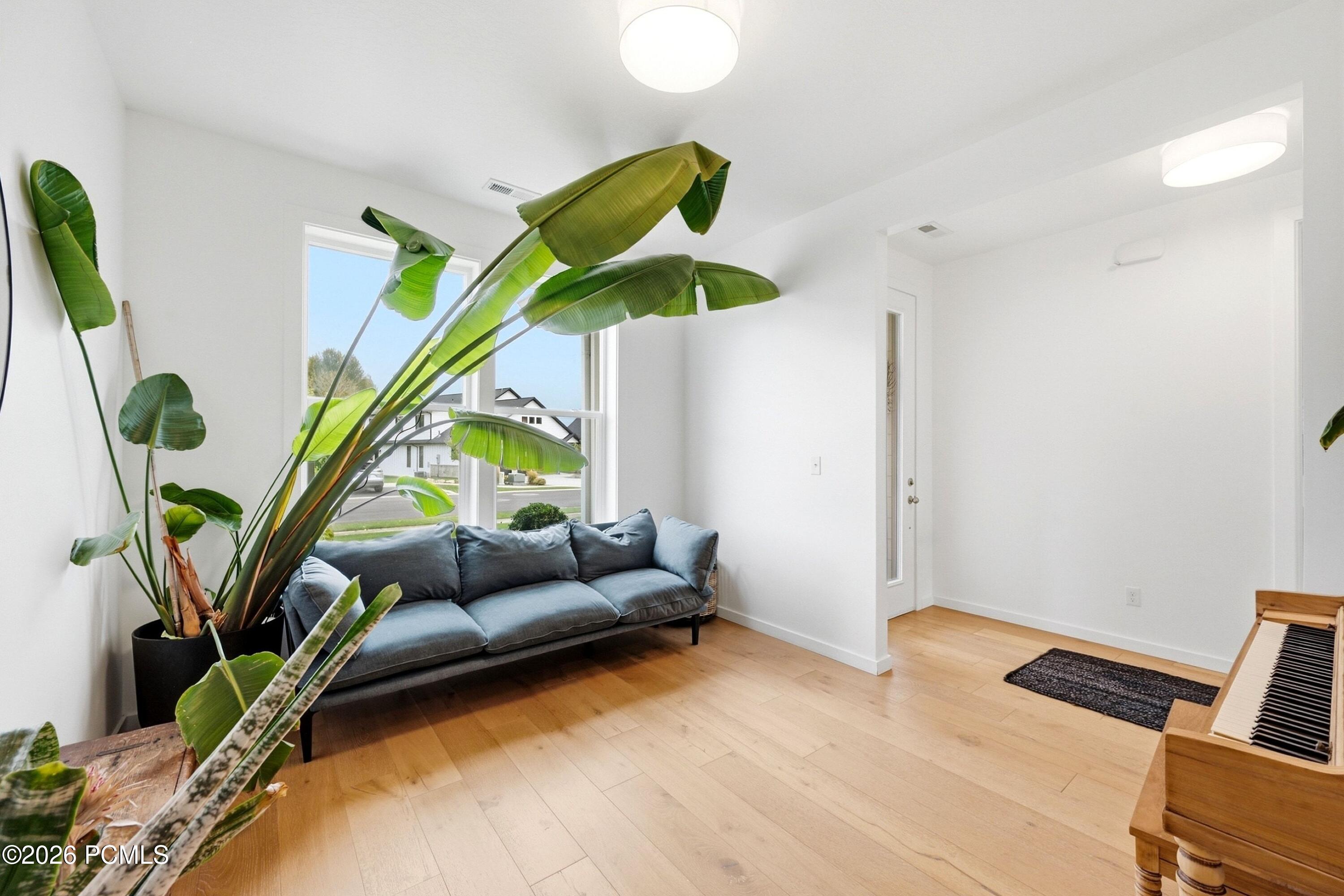 Bright living room with a gray sofa, oversized plants, and an upright piano.