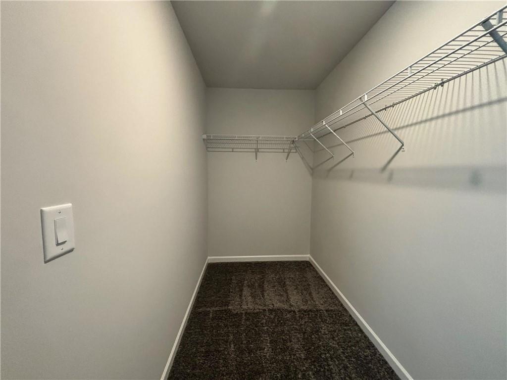 Walk-in closet with white wire shelving and dark carpet.