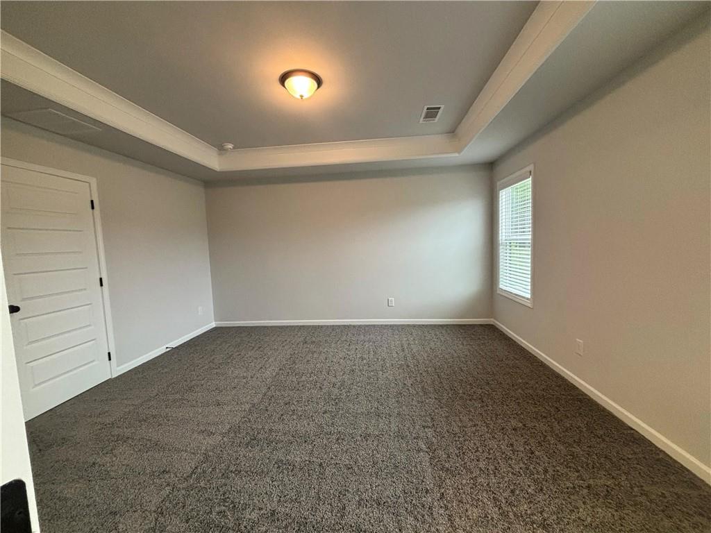 Empty bedroom with gray carpet, a tray ceiling, and a window with blinds.