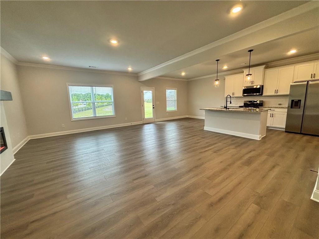 Open living area and kitchen with wood-look flooring, white cabinets, and stainless steel appliances.