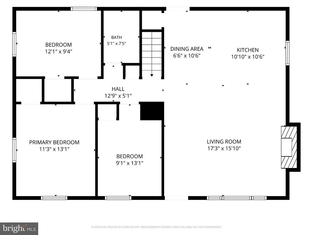 Floor plan showing three bedrooms, one bath, kitchen, dining area, and living room with labeled dimensions.