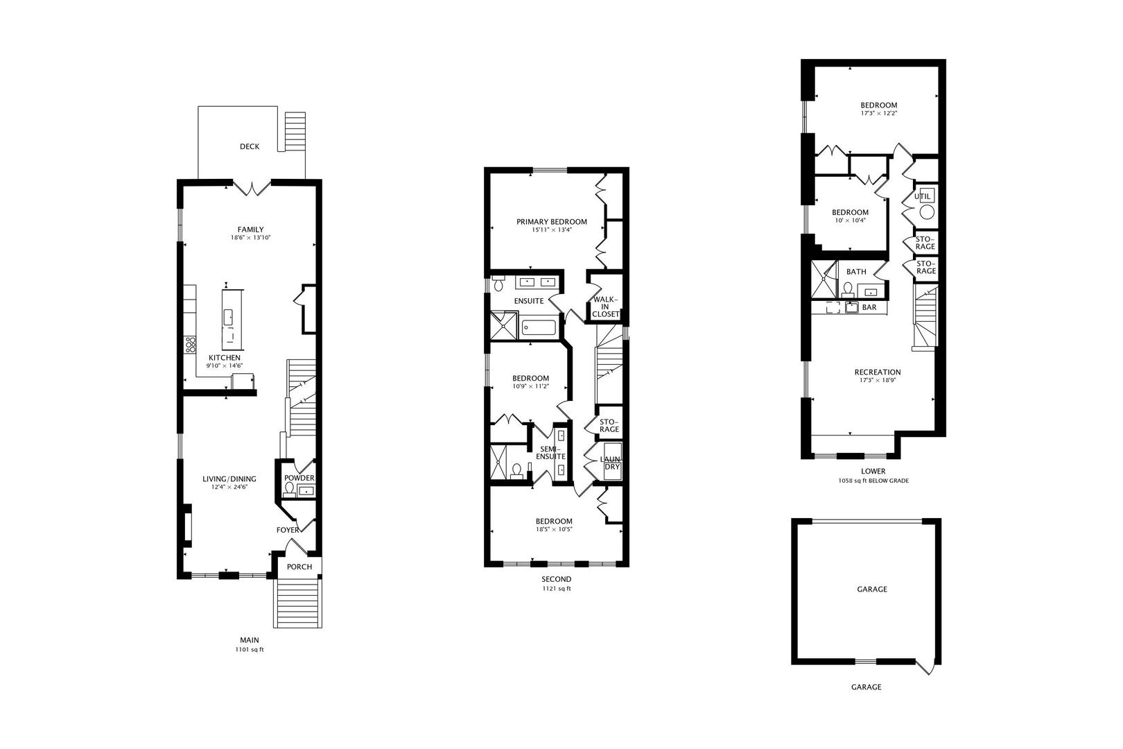Floor plan showing the home's main, second, and lower levels, plus a separate garage.