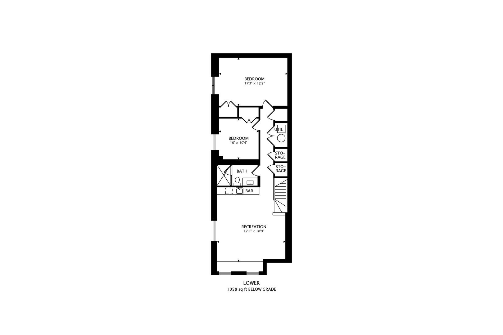 Lower-level floor plan with two bedrooms, a bathroom, storage, a bar, and a recreation room.
