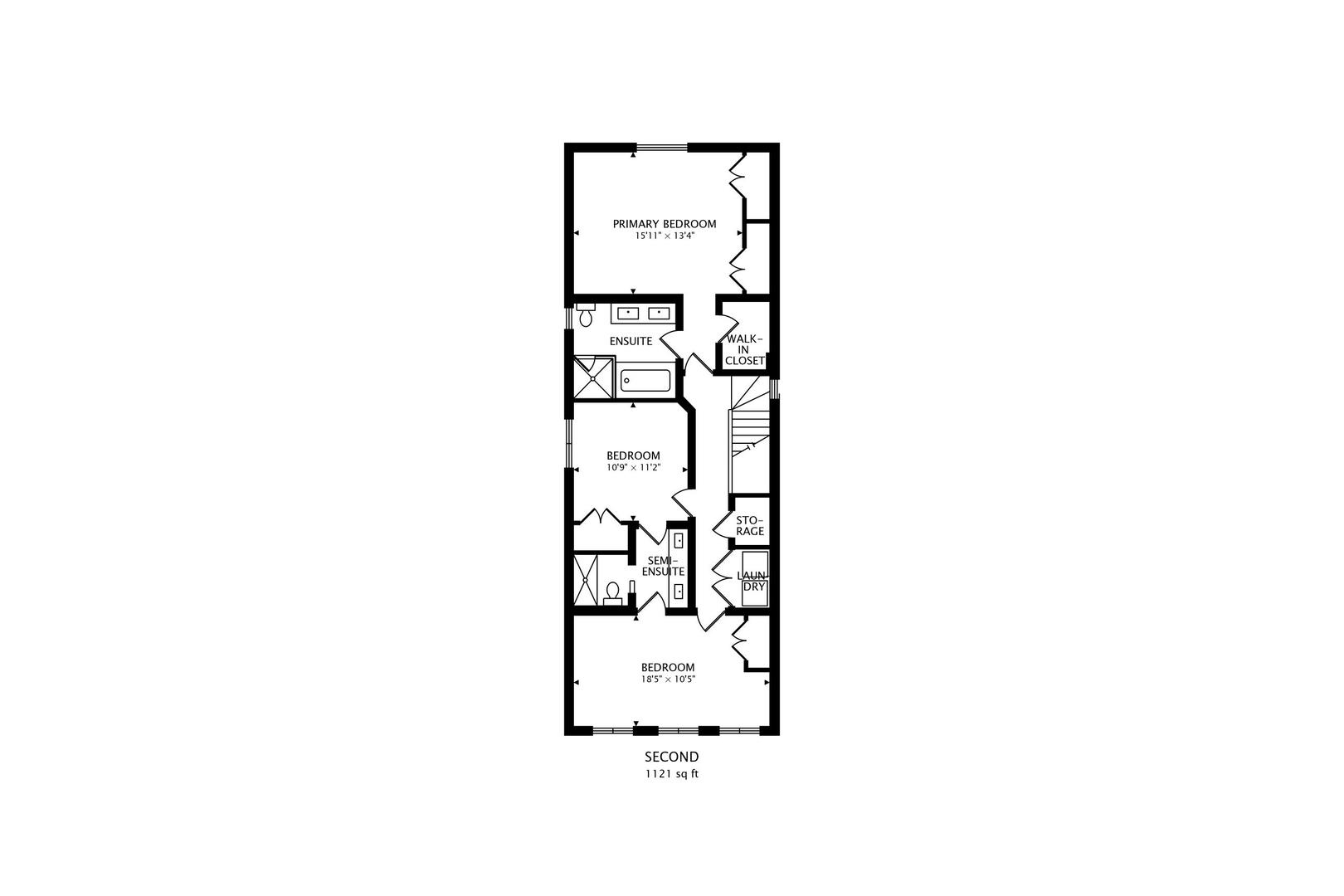 Second-floor plan with three bedrooms, two bathrooms, a walk-in closet, storage, and laundry.