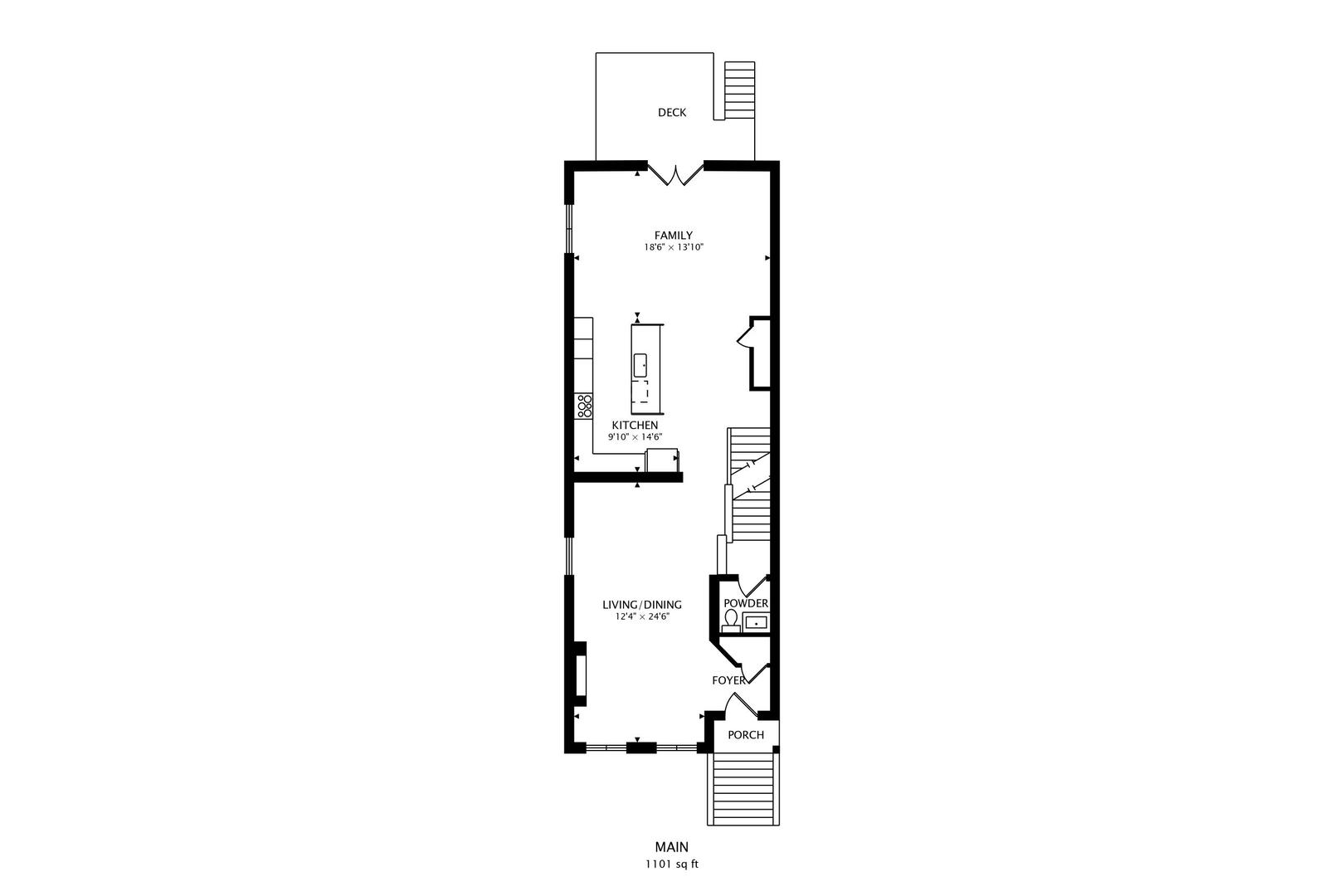 Main-level floor plan with a deck, family room, kitchen, living/dining room, powder room, foyer, and porch.