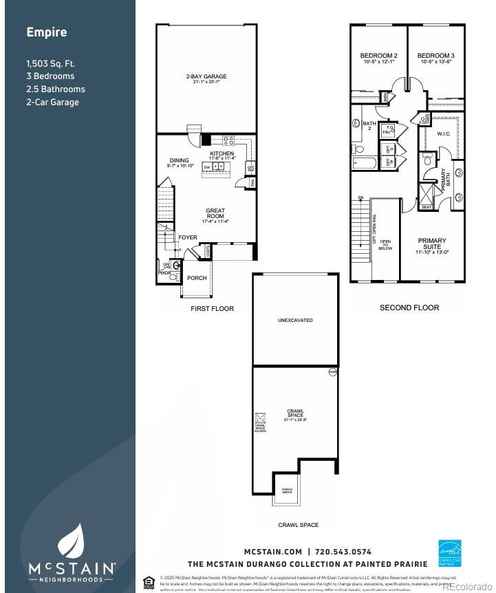 Empire floor plan showing first and second floors, a two-car garage, three bedrooms, and crawl space.