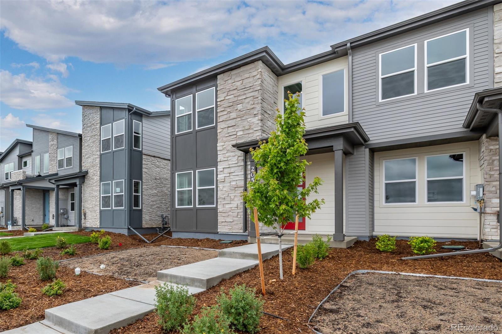 Modern gray-sided home with stone accents, large windows, and a red front door.