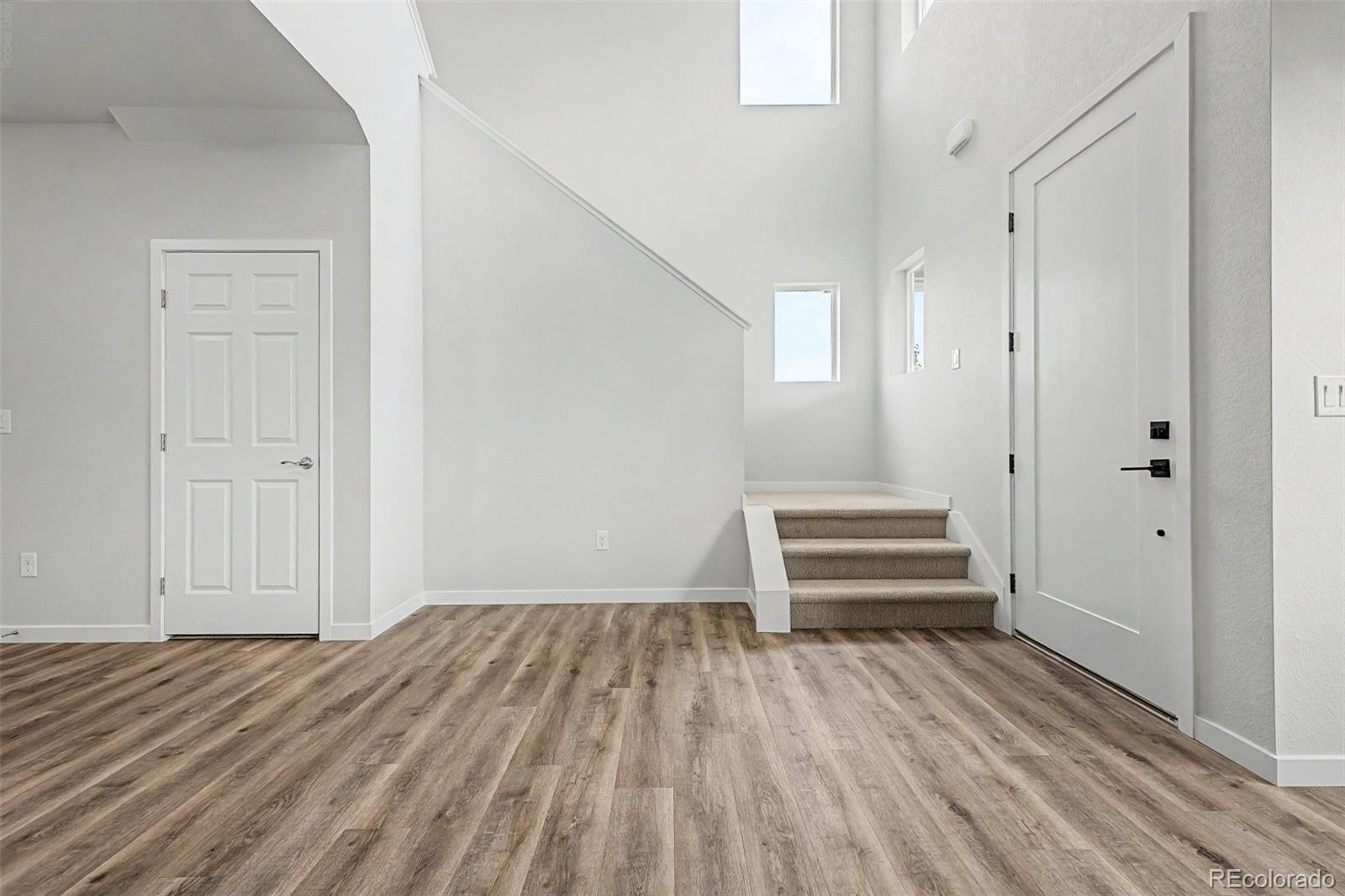 Empty entry foyer with a tall ceiling, carpeted stairs, and wood-look plank flooring.