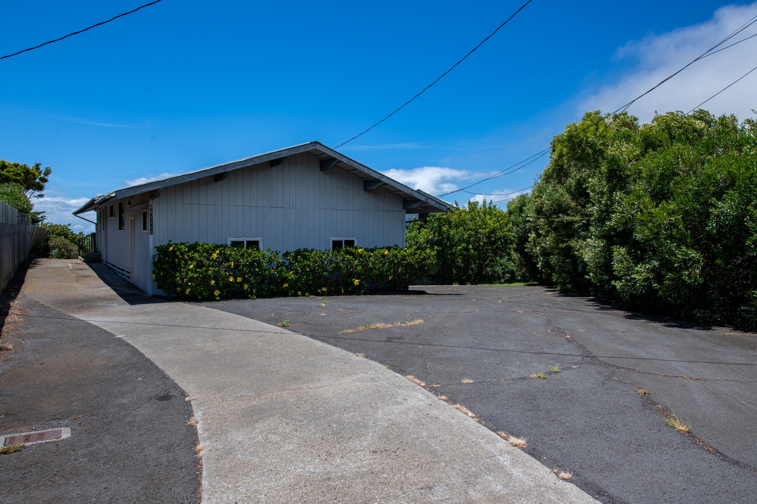 Single-story house beside a broad paved driveway, with flowering hedges and a concrete walkway.