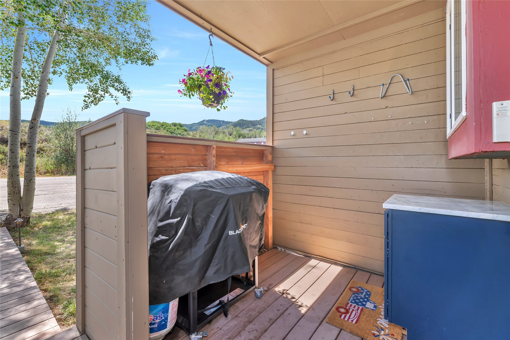 Covered deck with a covered grill, blue cabinet, hanging flowers, and green hills beyond.