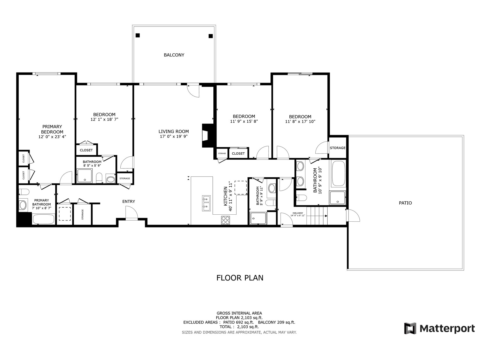Four-bedroom floor plan with kitchen, four bathrooms, balcony, patio, and room dimensions.