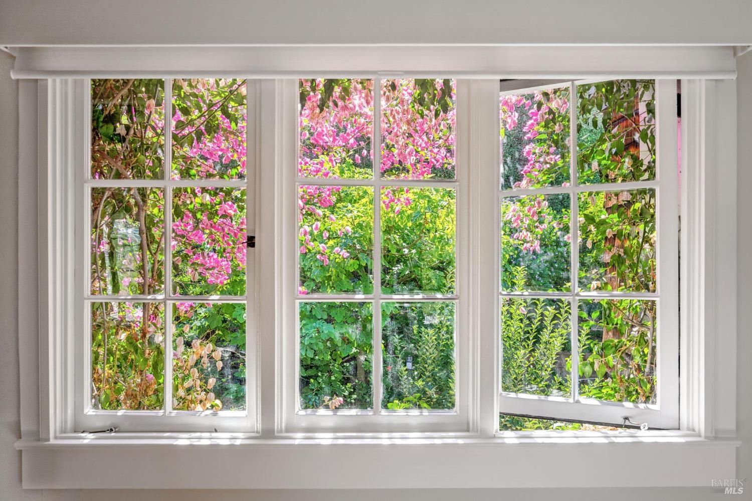 White-paned windows frame lush greenery and pink blossoms outside.