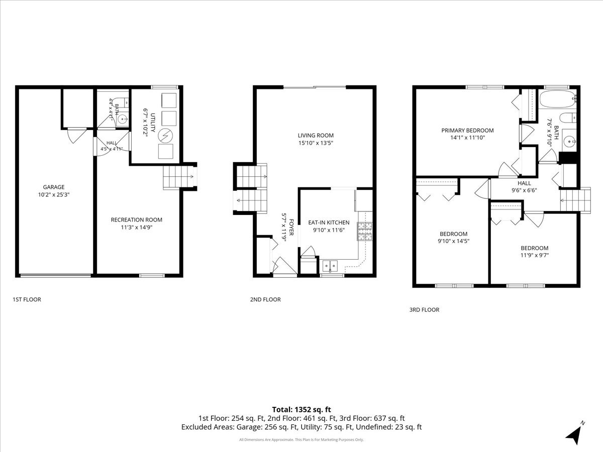 Three-story floor plan with room labels, dimensions, and a total area of 1,352 square feet.