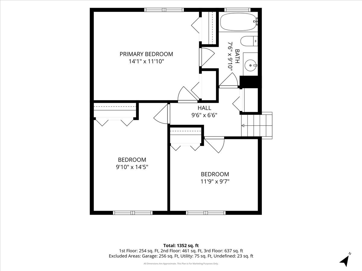 Home floor plan showing three bedrooms, a bathroom, a hall, and room dimensions.