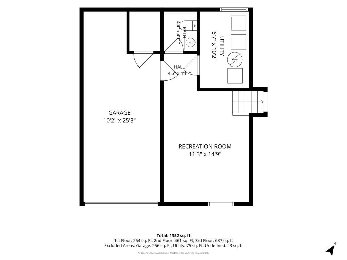 Lower-level floor plan with a large garage, recreation room, utility room, bath, and hall.