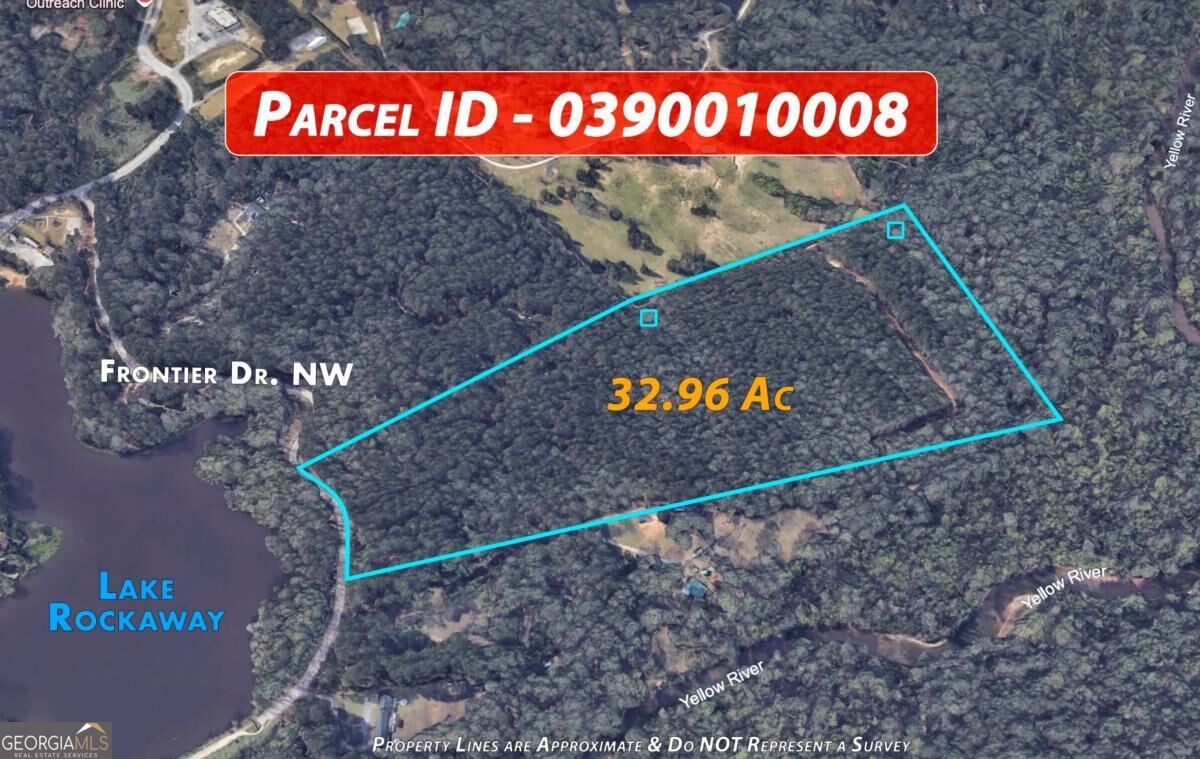 Aerial view of a wooded 32.96-acre parcel outlined beside Lake Rockaway and the Yellow River.