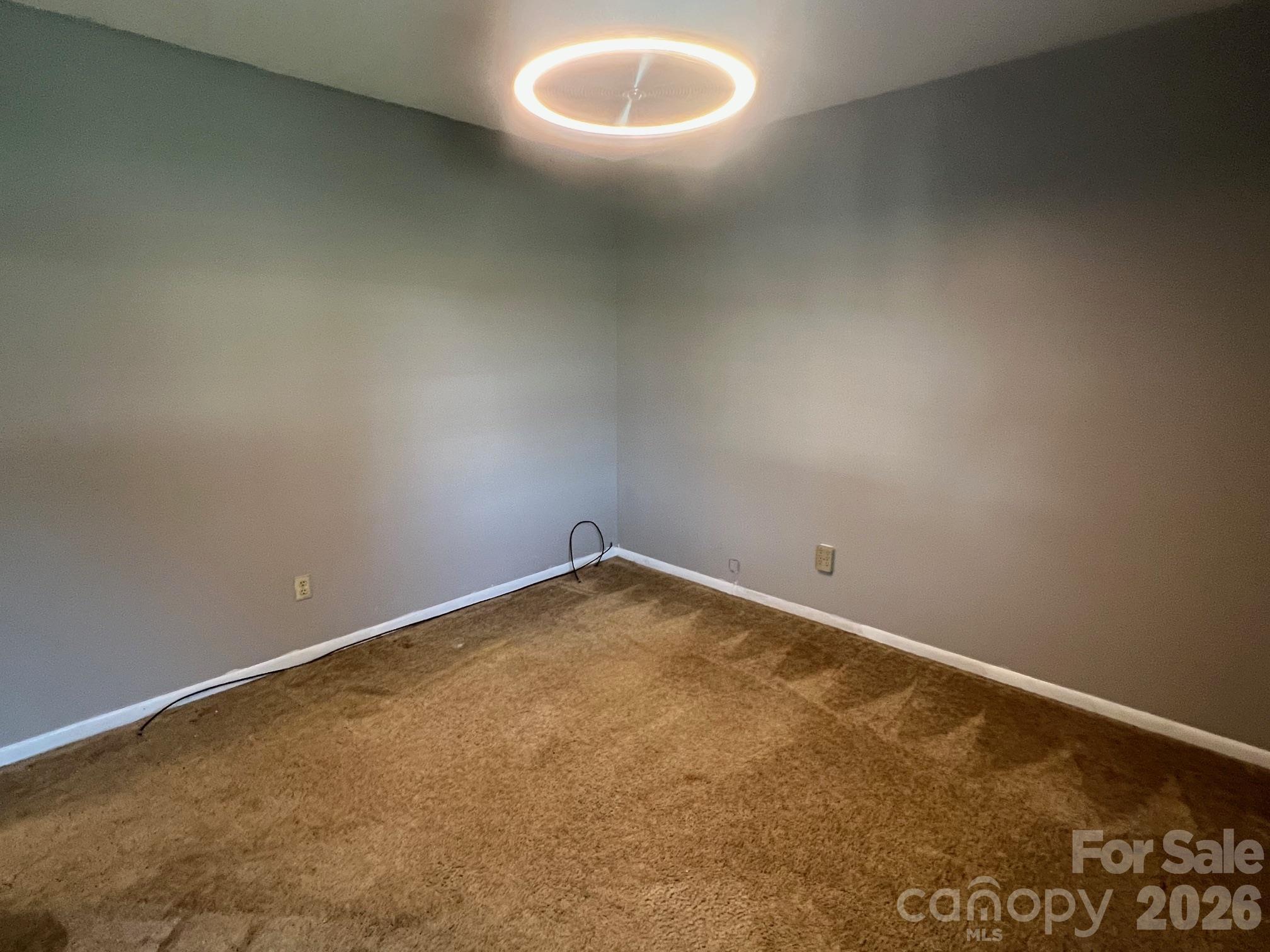 Empty carpeted room with gray walls, white baseboards, and a circular ceiling light.