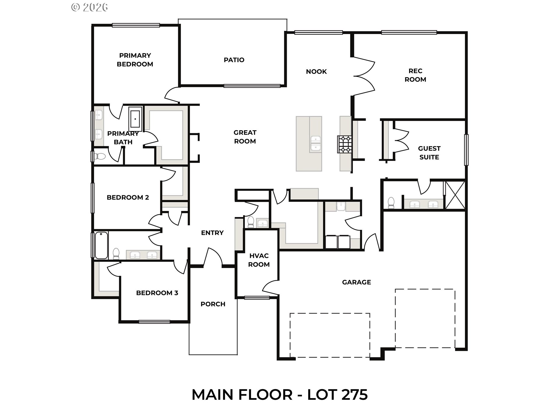 Main-floor plan with three bedrooms, a guest suite, great room, rec room, patio, porch, and garage.