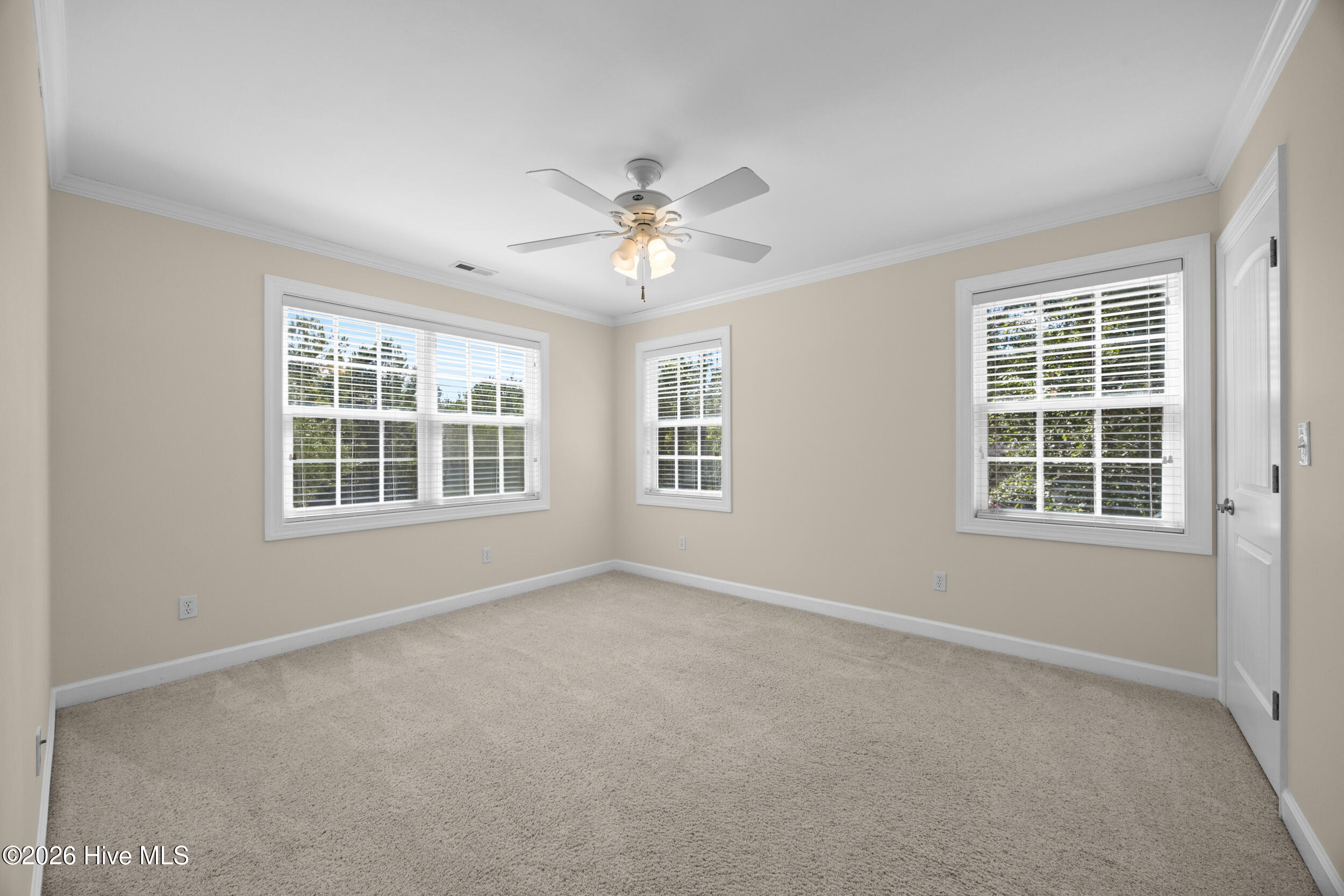 Empty carpeted bedroom with three windows, white blinds, and a ceiling fan.